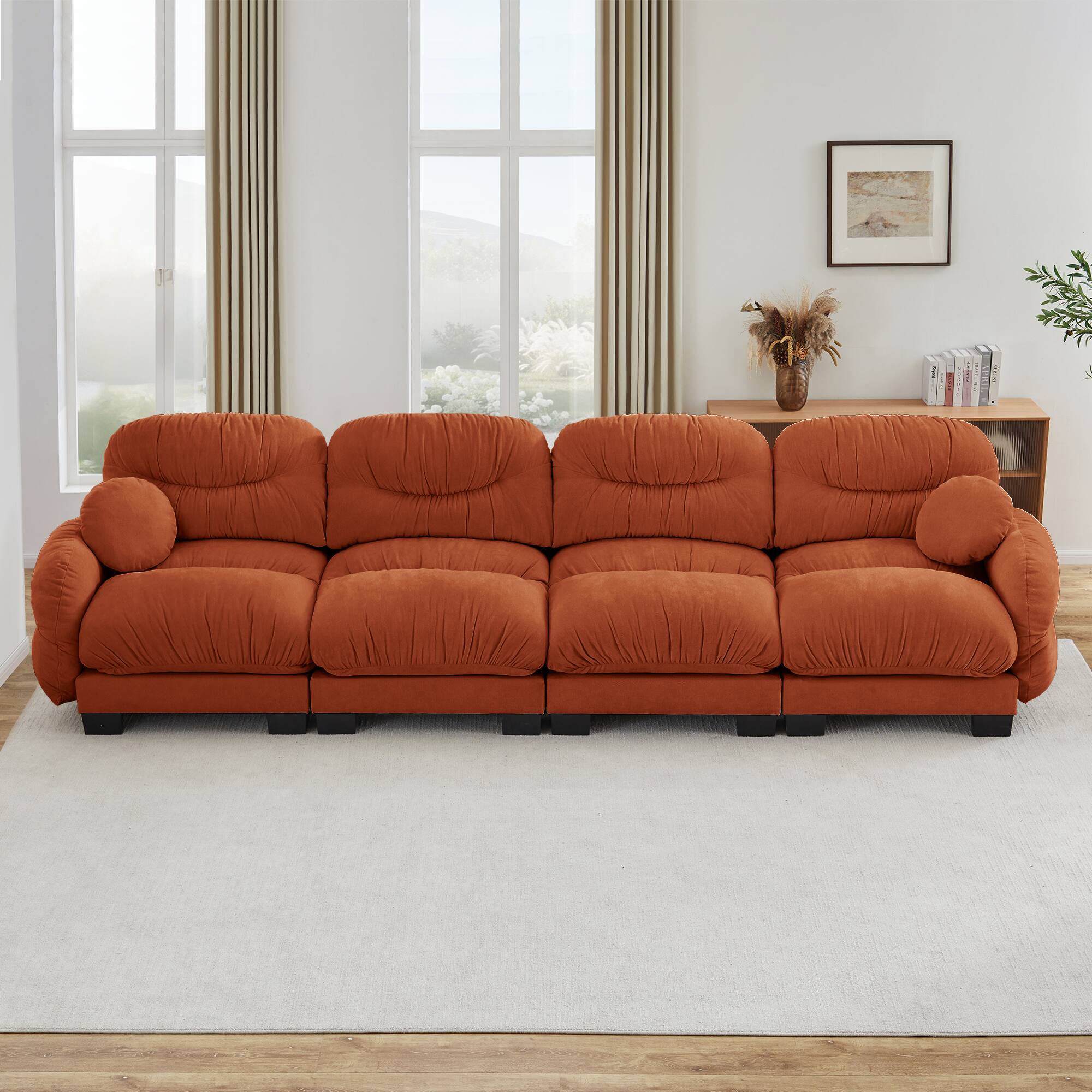 Left. Anysun - 4 Seater Modular Sofa with Chenille Fabric, High-Density Foam & Curved Armrests, Pleated Design for Living Room - Orange.