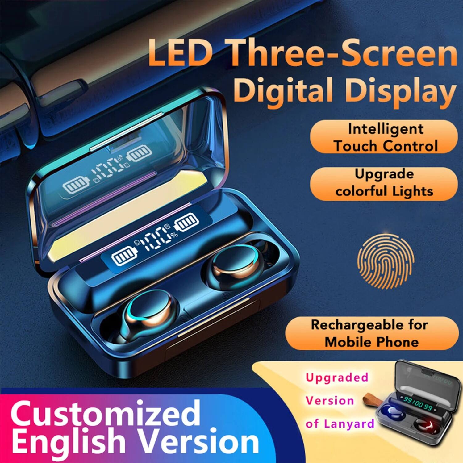 LED Three-Screen Digital Display  
Intelligent Touch Control  
Upgrade colorful Lights  
Rechargeable for Mobile Phone  
Upgraded Version of Lanyard  
Customized English Version