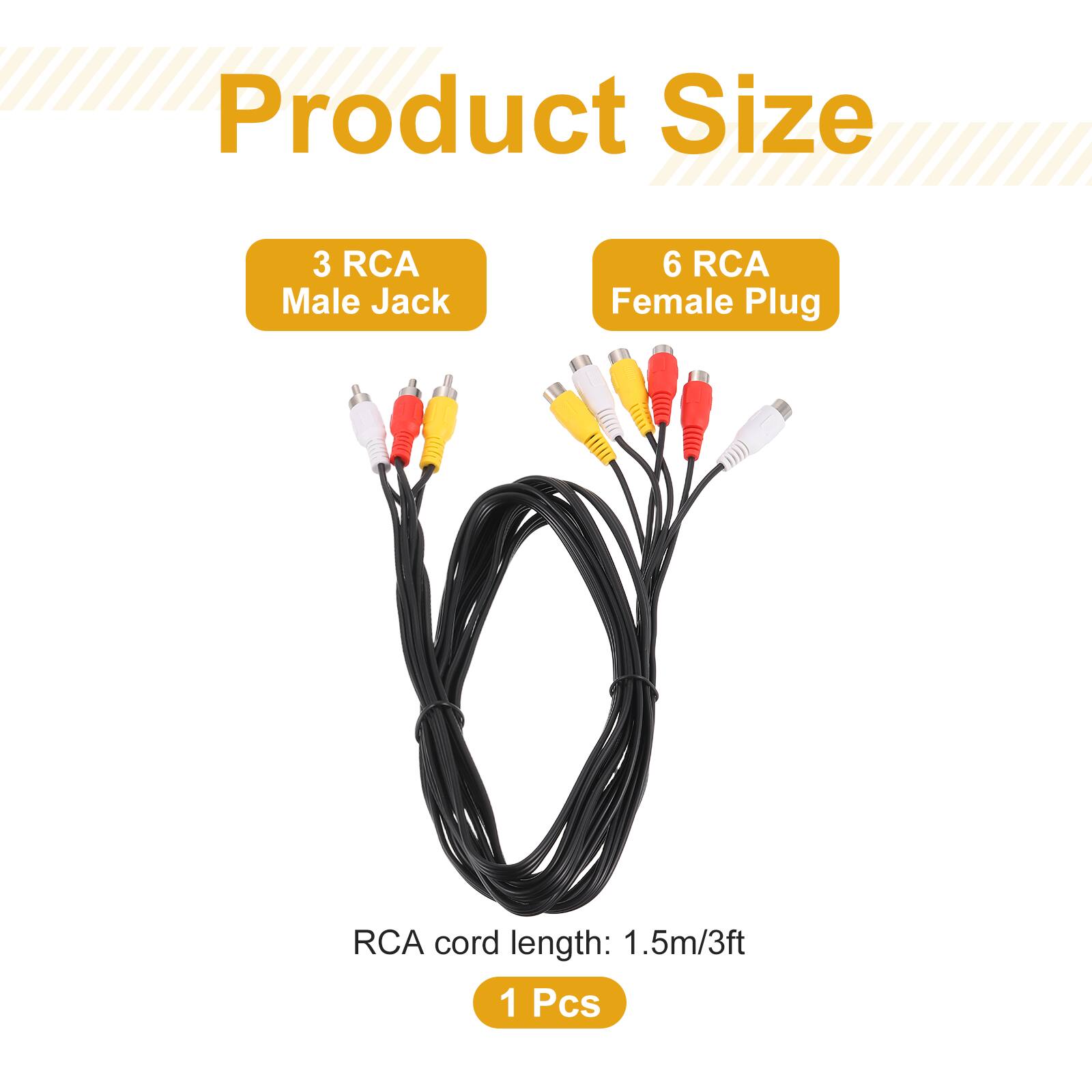 Product Size  
3 RCA Male Jack  
6 RCA Female Plug  
RCA cord length: 1.5m/3ft  
1 Pcs