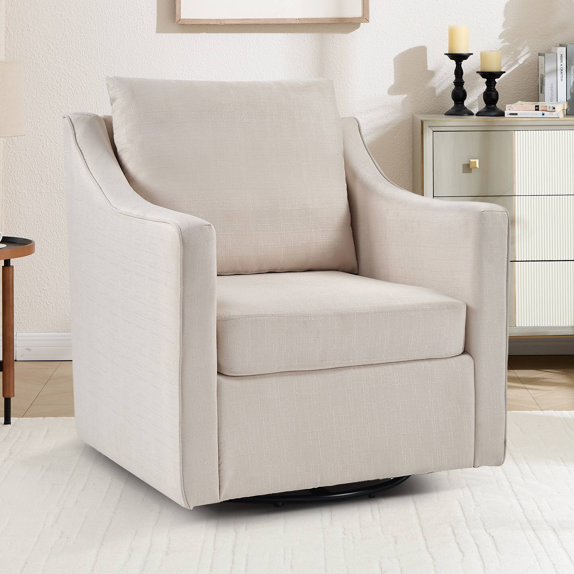 Left. Bestier - Swivel Accent Square Chair with Thick Padded Backrest Cushion, Lounge Reading Chair for Living Room Bedroom - Beige.
