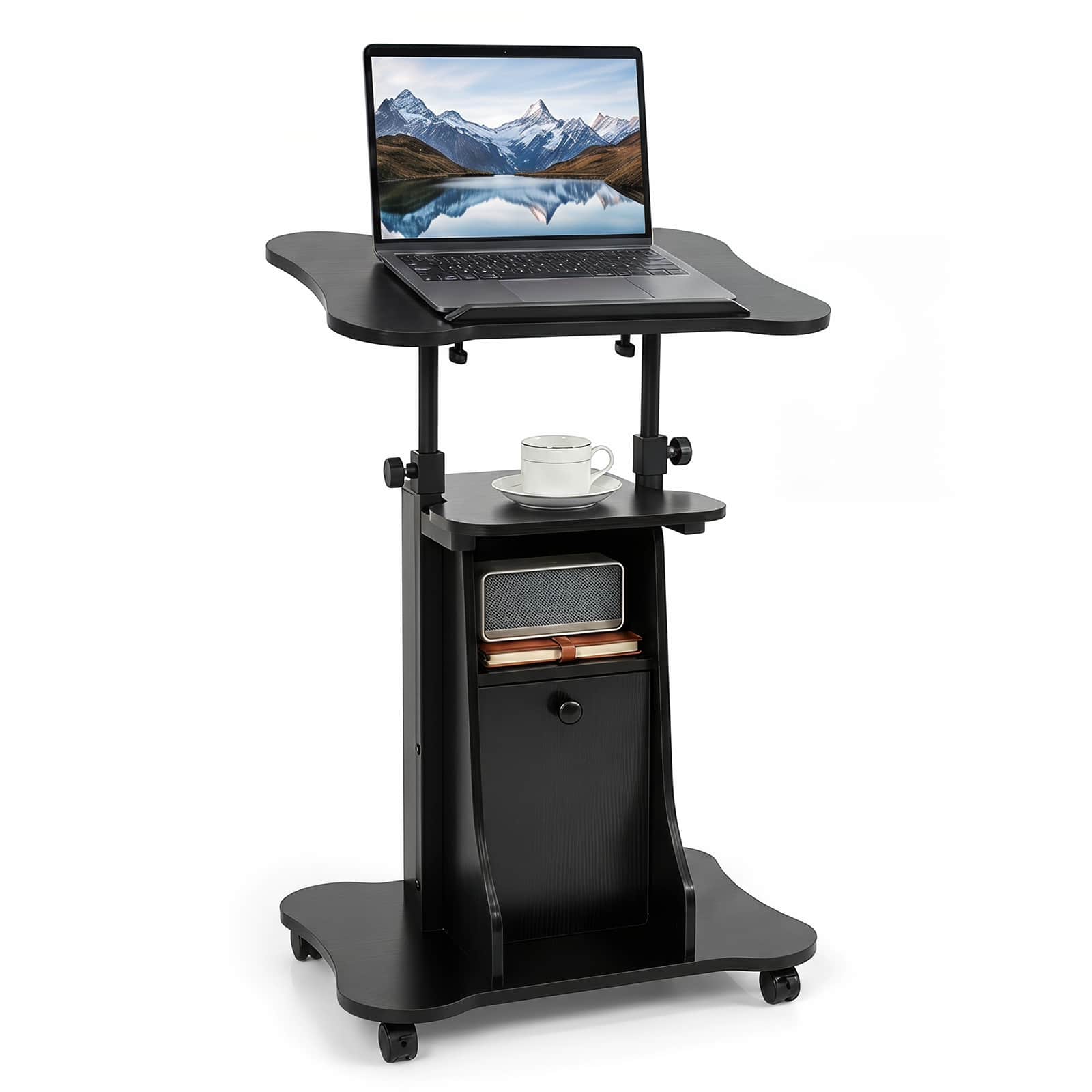 Costway - Height Adjustable Standing Desk Mobile Podium Cart w/Tilt Desktop & Door Cabinet - Black