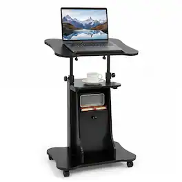 Costway - Height Adjustable Standing Desk Mobile Podium Cart w/Tilt Desktop & Door Cabinet - Black