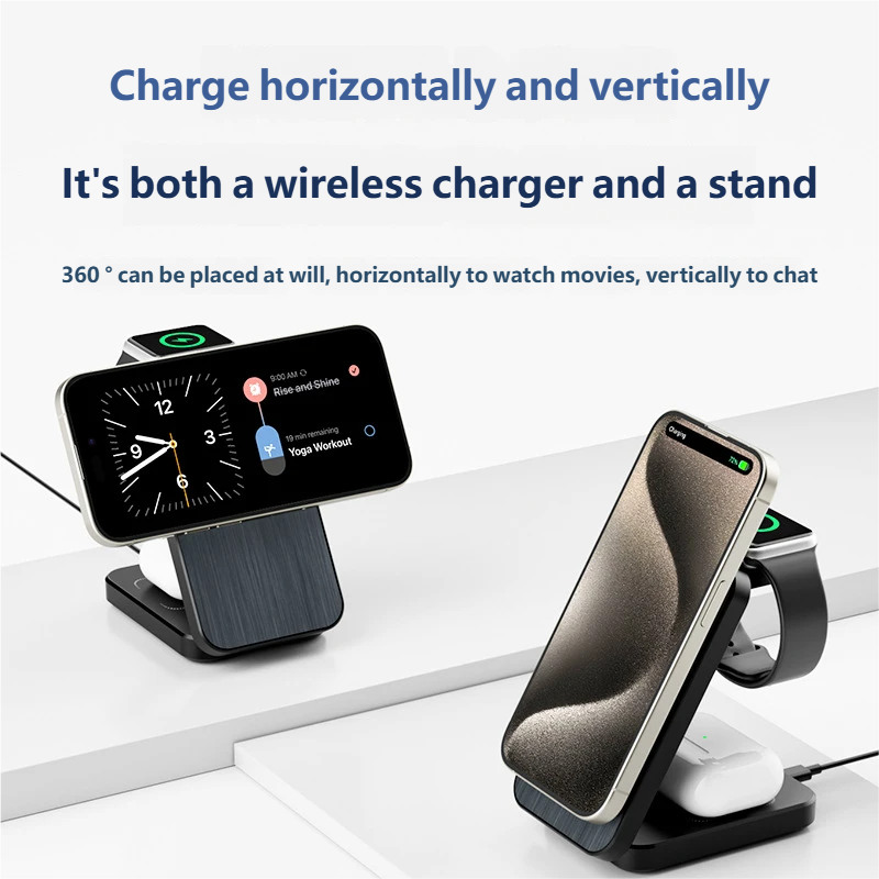 Charge horizontally and vertically  
It's both a wireless charger and a stand  
360° can be placed at will, horizontally to watch movies, vertically to chat