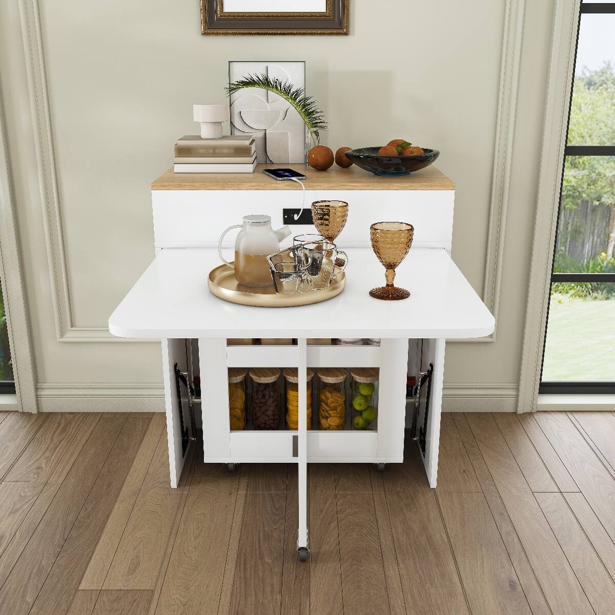 Alt View 6. Loheer - Loheer 74 inch Expandable Dining Table, Folding Kitchen Island Table with Power Socket and Storage Cabinet - Natural Walnut and White.