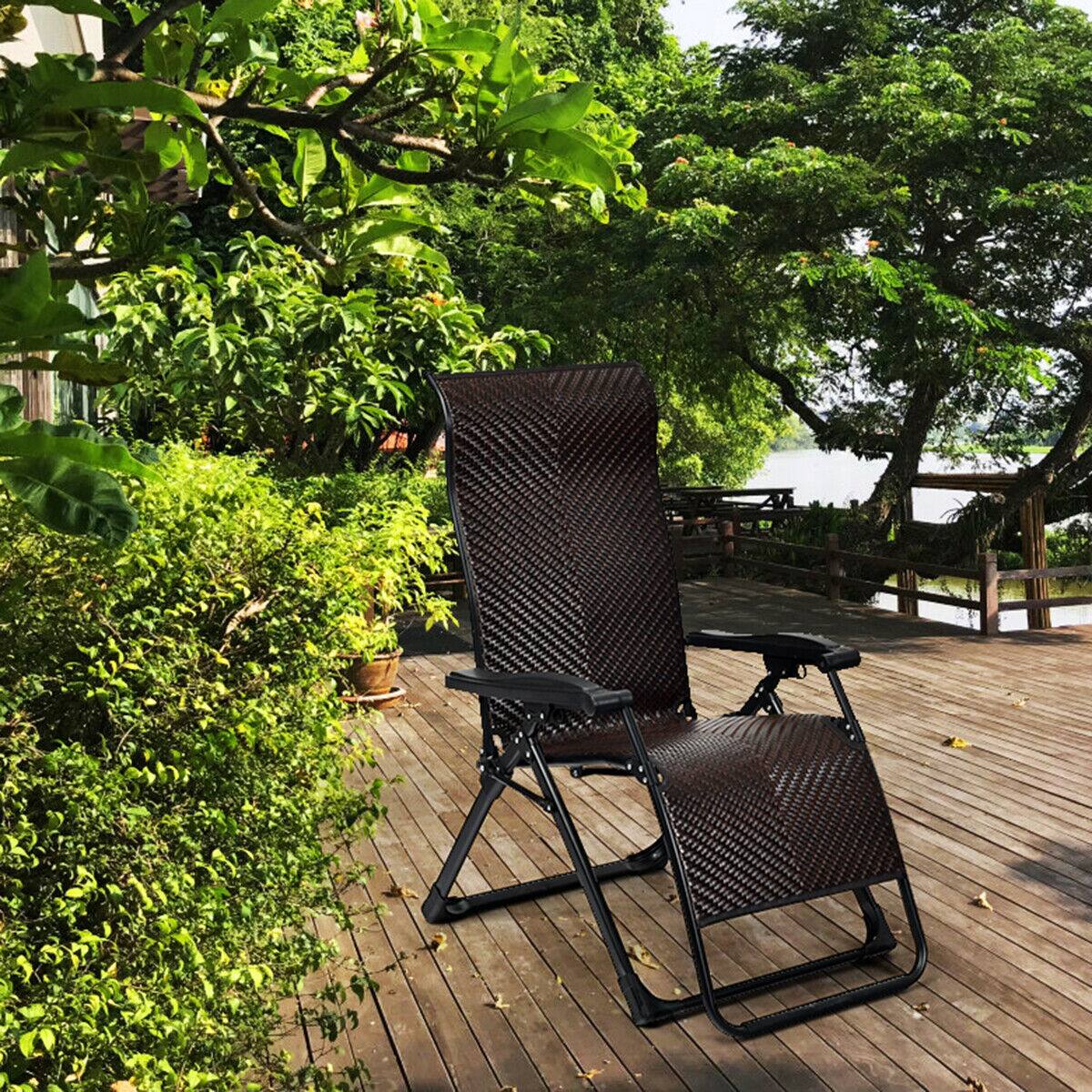 Alt View 4. Gymax - Gymax 2PCS Patio Rattan Zero Gravity Lounge Chair Folding Recliner Adjustable Headrest - Brown.
