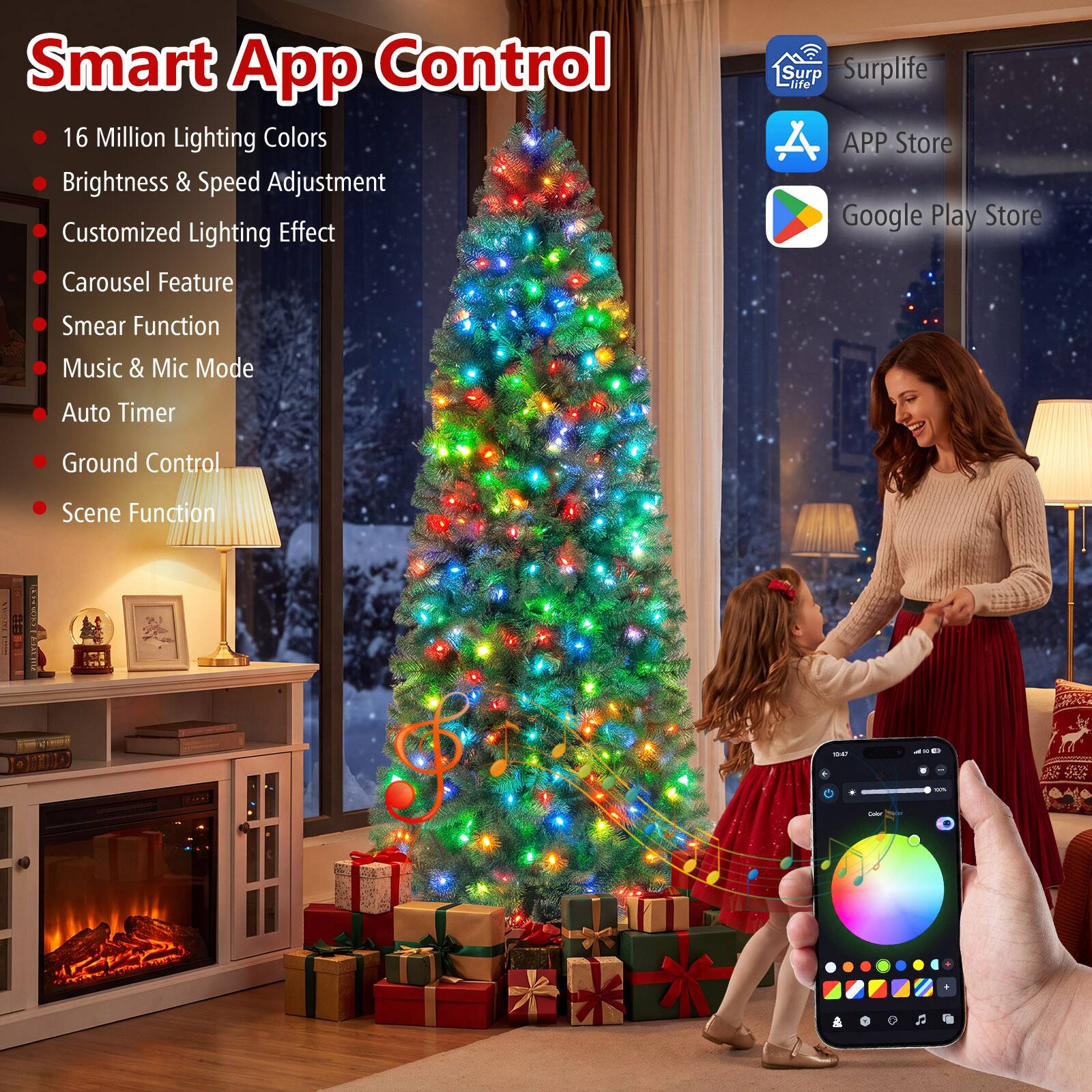 Smart App Control

- 16 Million Lighting Colors
- Brightness & Speed Adjustment
- Customized Lighting Effect
- Carousel Feature
- Smeer Function
- Music & Mic Mode
- Auto Timer
- Ground Control
- Scene Function

Surplife
APP Store
Google Play Store

1795
REND
1047
3 on
Color