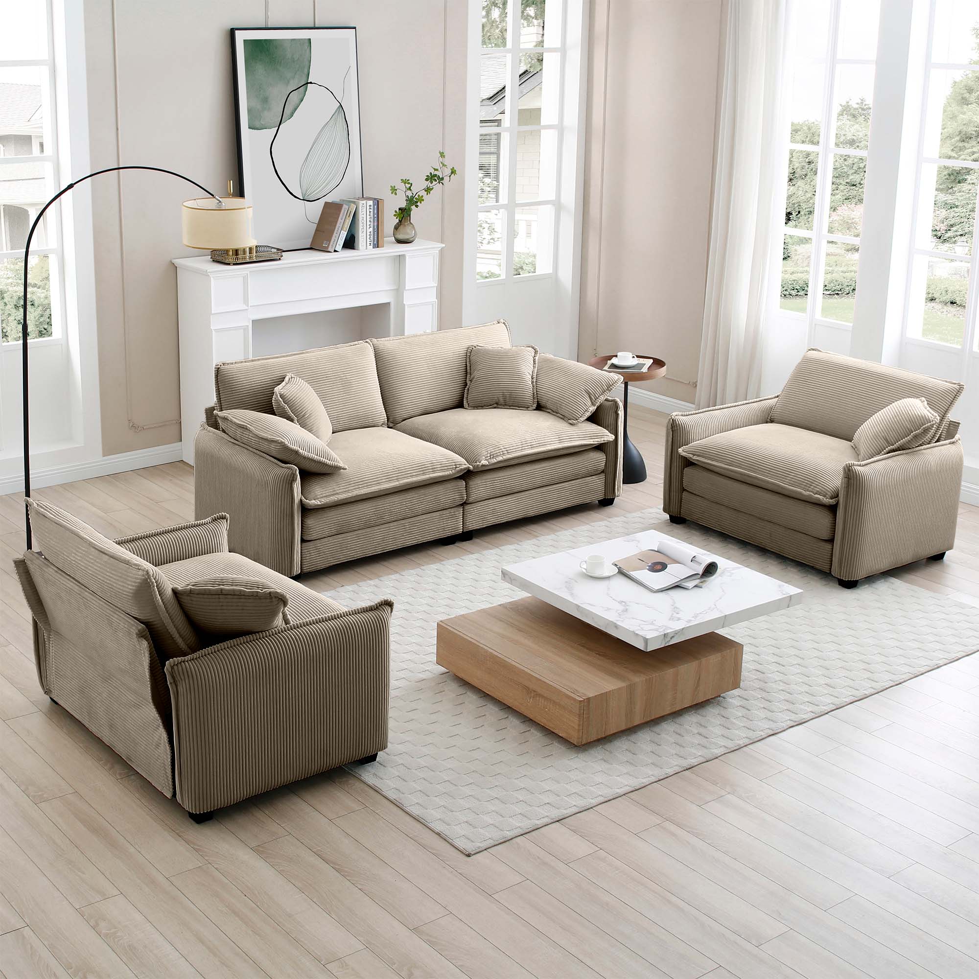 Angle. LOVMOR - Single Seat Corduroy Sofa Set Easy Assembly Memory Foam For Living Room Bedroom Home Theater Soft Textured Den - Tan.