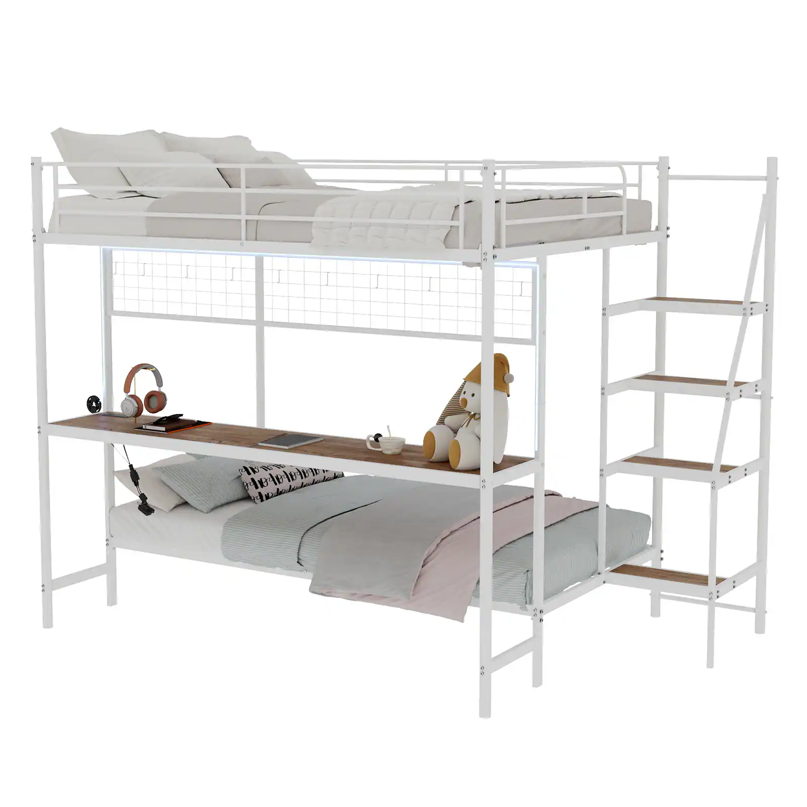 Alt View 7. Loheer - Loheer White Metal Bunk Bed with Desk Full Over Twin Space Saving Loft Bed with LED Lights for Teens - Ancient White.