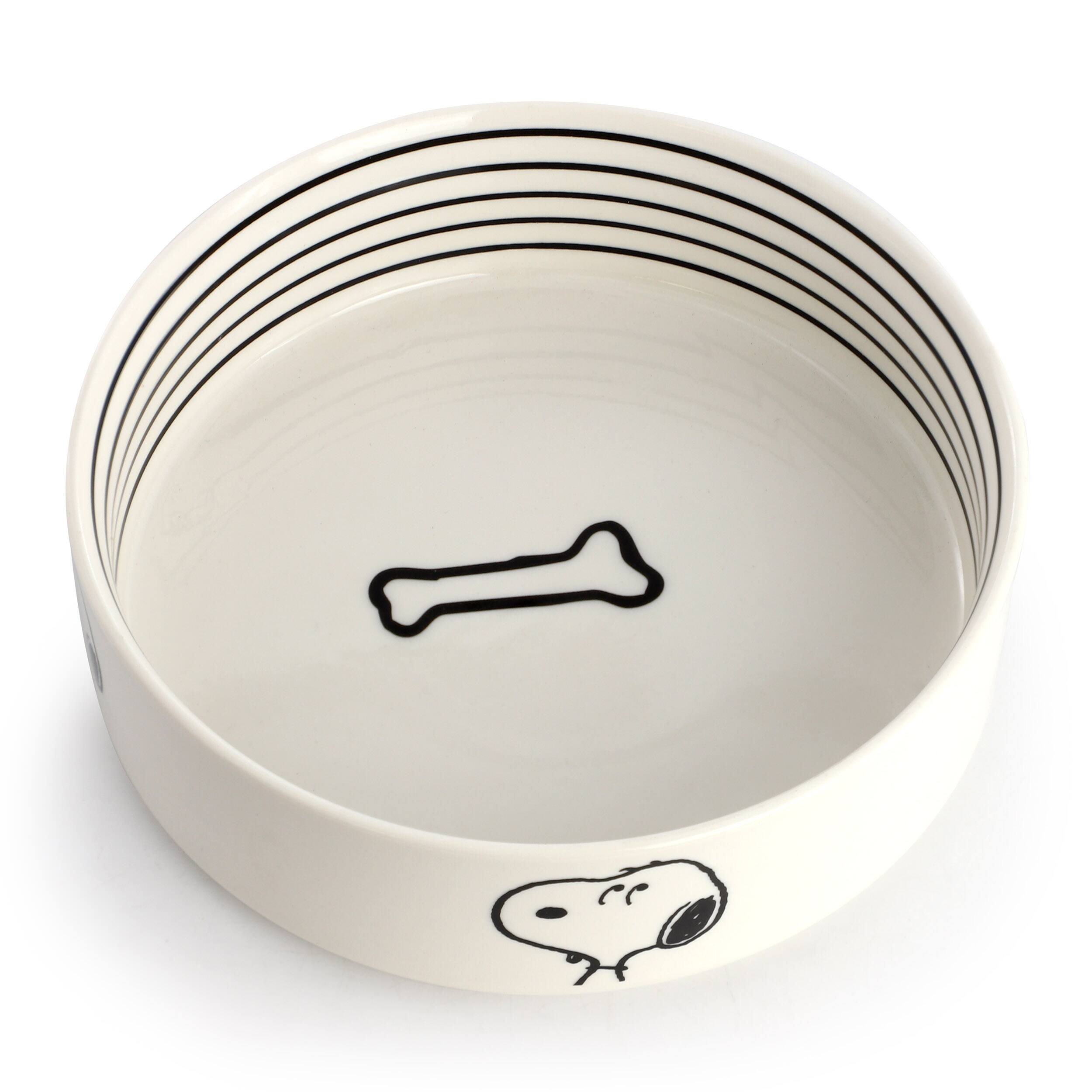 Angle. Peanuts - Peanuts Snoopy Suppertime Favorites 6.5in Stoneware Pet Bowl - White and Black.
