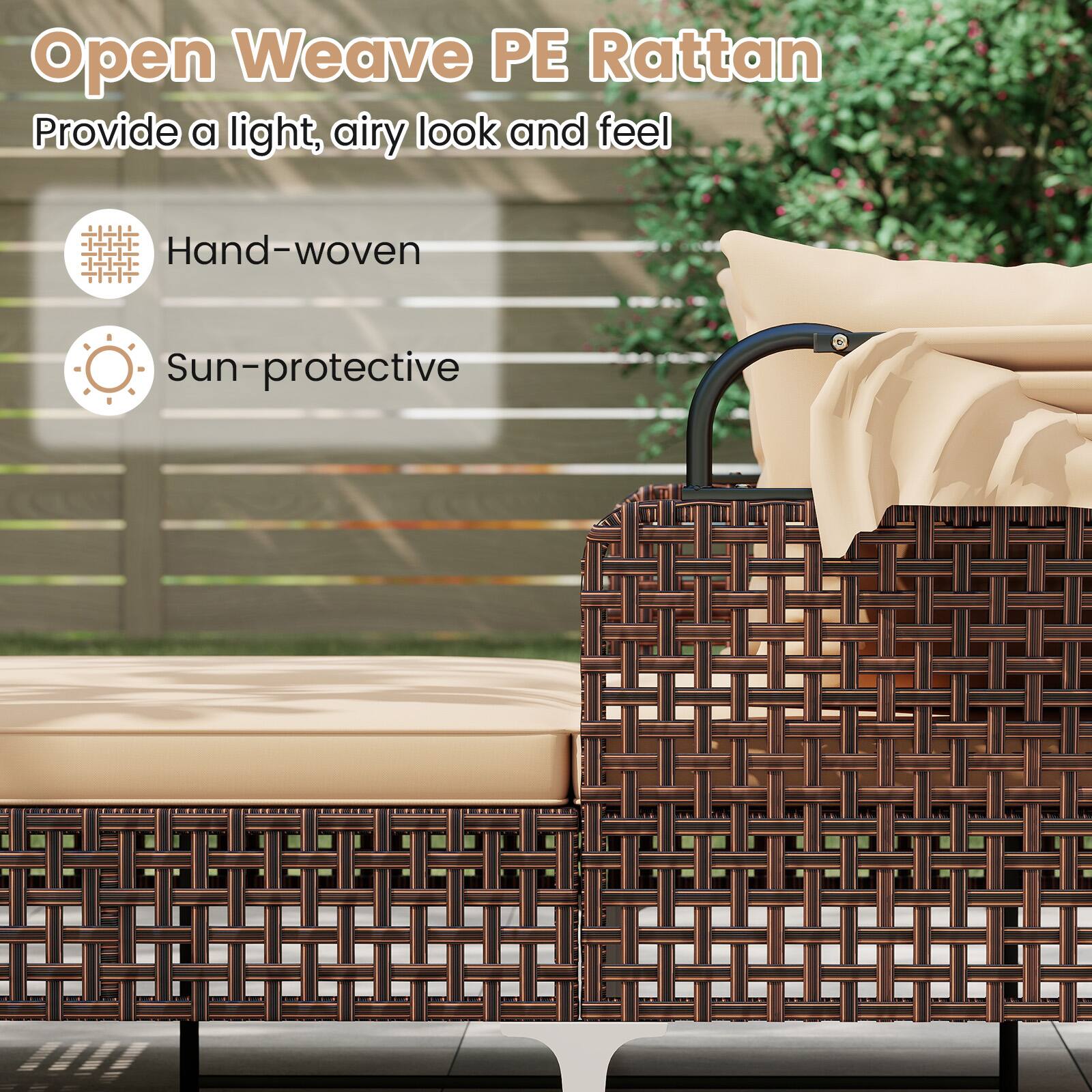 Open Weave PE Rattan  
Provide a light, airy look and feel  

- Hand-woven  
- Sun-protective