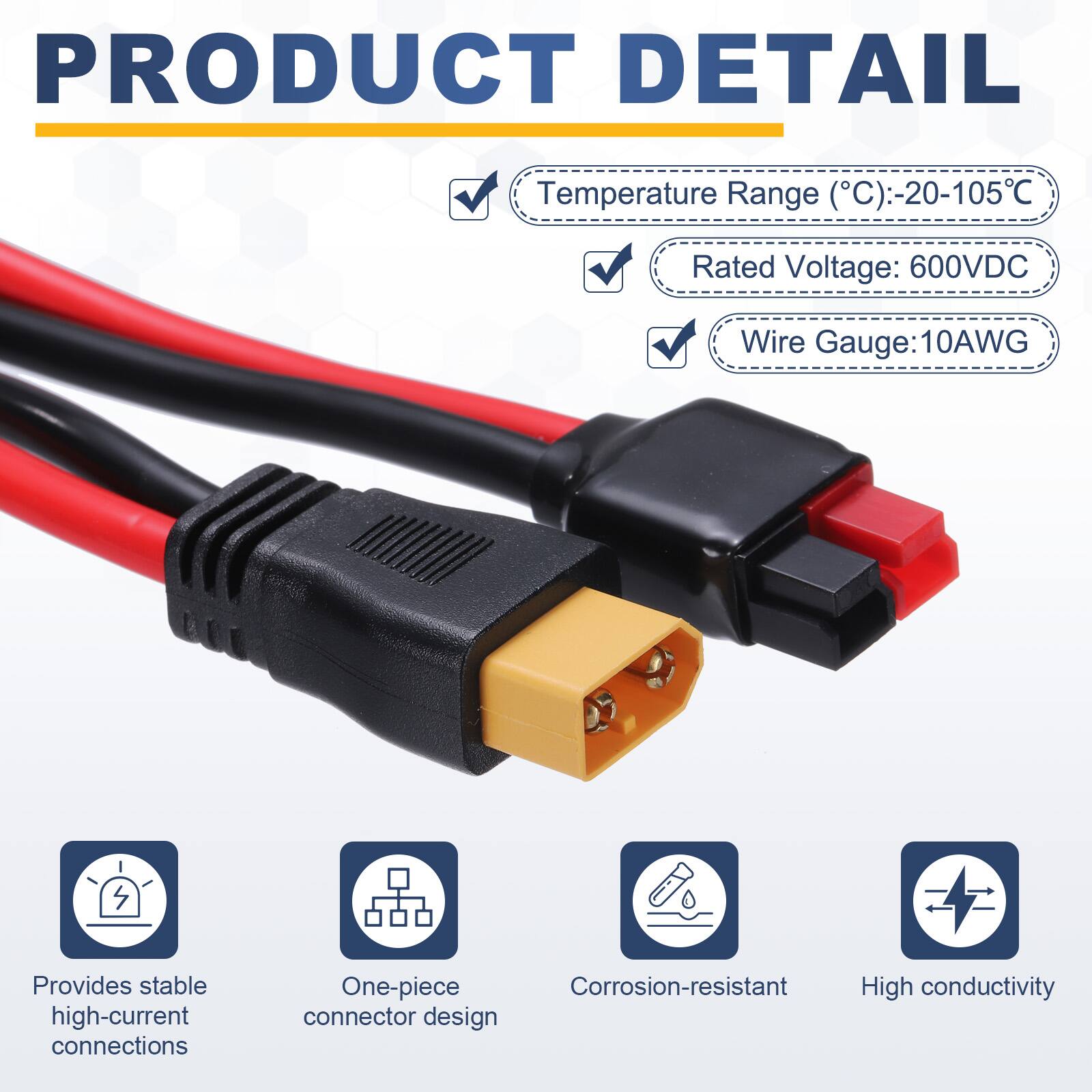 PRODUCT DETAIL

Temperature Range (°C): -20-105°C  
Rated Voltage: 600VDC  
Wire Gauge: 10AWG  

Provides stable high-current connections  
One-piece Corrosion-resistant High conductivity connector design