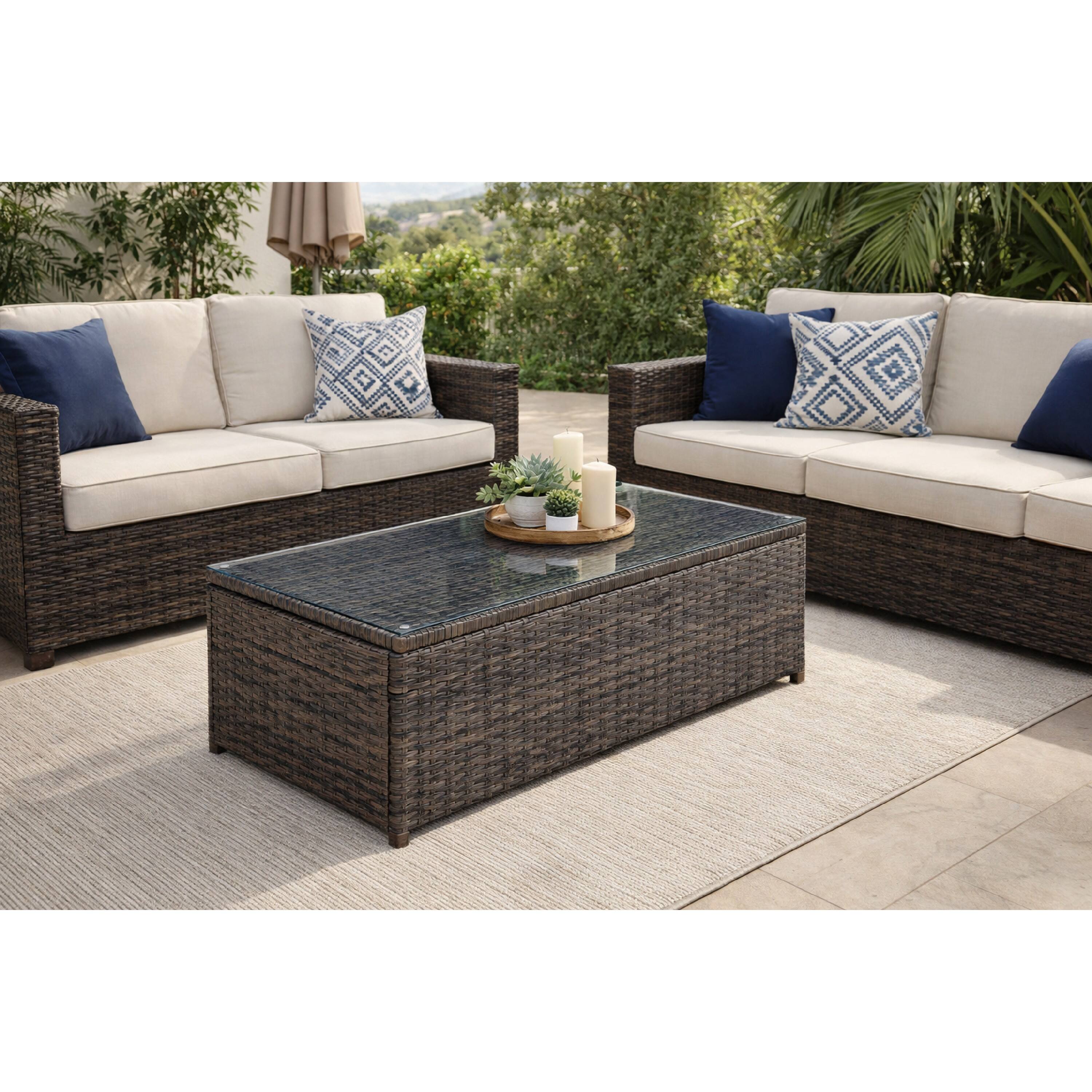 Alt View 7. Manhattan Lane - Rectangular Faux Rattan and Aluminum Coffee Table with Glass Top - Brown.