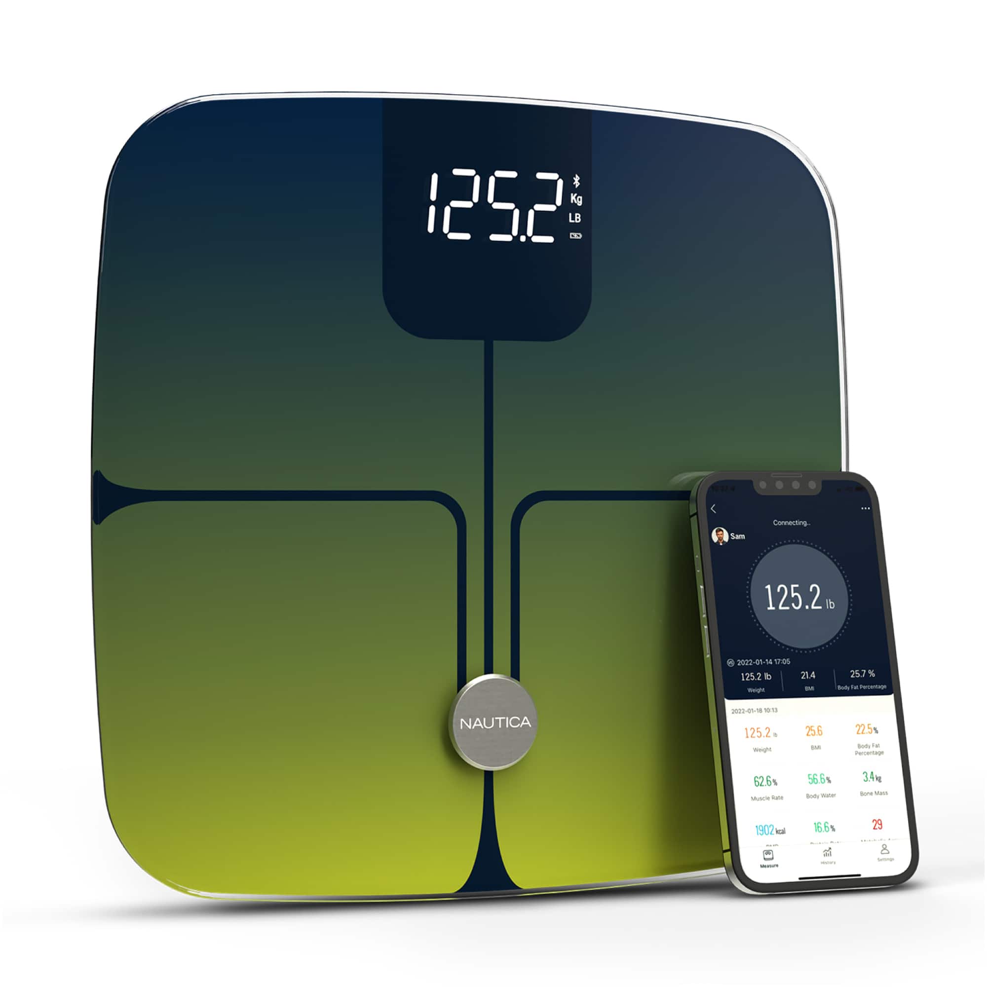 Nautica - Smart Body Scale, Bluetooth, BMI, Body Fat, Muscle & More, Smartphone App for Body Composition Tracking, 440 Lbs - Navy Yellow