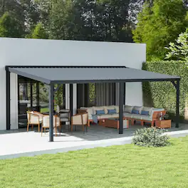 Mondawe - 10x14FT Lean to Gazebo Hardtop,Expandable Wall Mounted Pergola,Gutters & Galvanized Steel Roof - Gray
