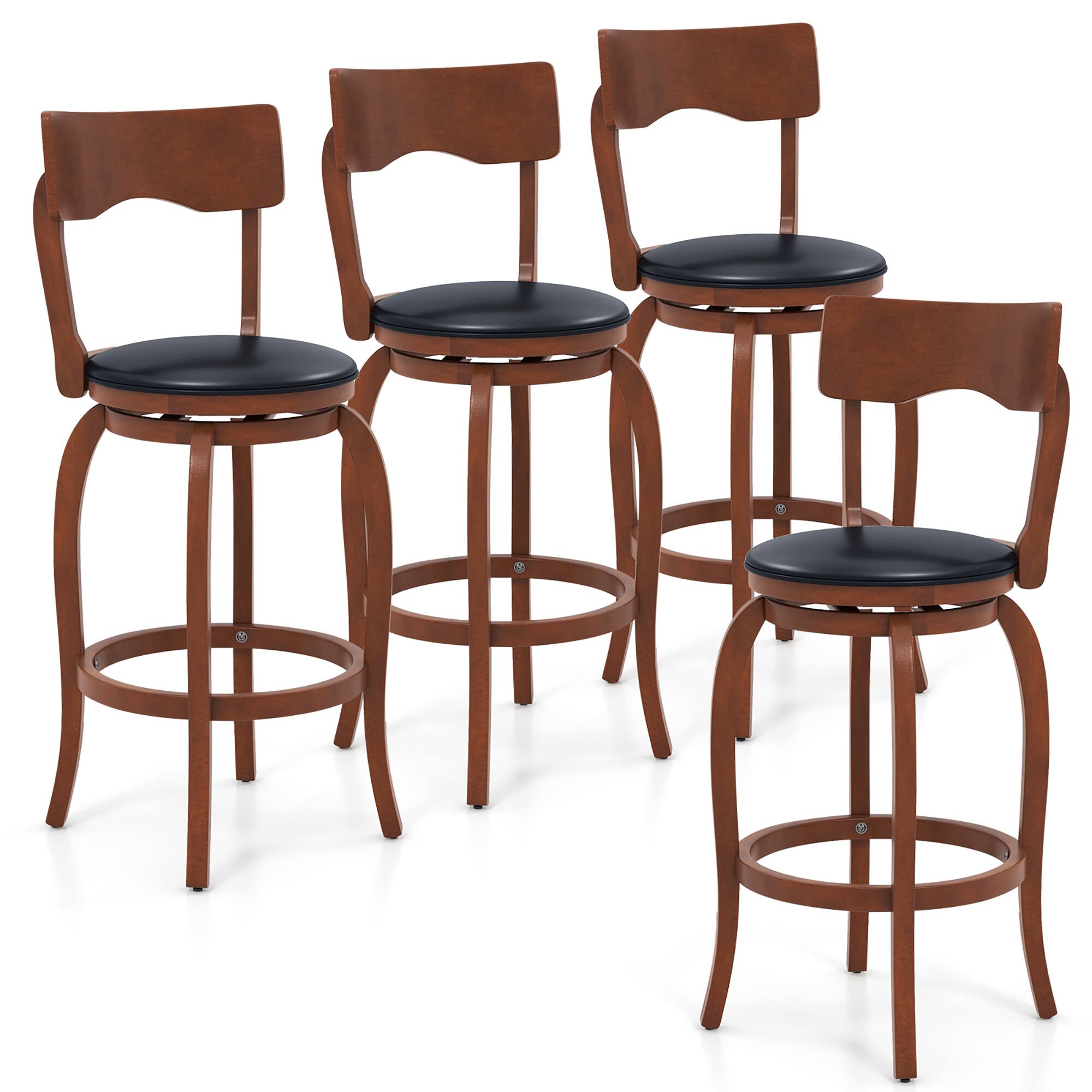 Front. Gymax - Gymax 29'' Swivel Bar Stools Set of 4 w/ Rubber Wood Frame Upholstered Seat Footrest - Brown, Black.