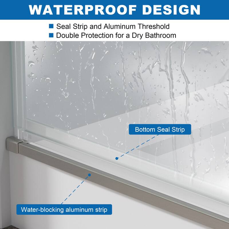 WATERPROOF DESIGN

- Seal Strip and Aluminum Threshold
- Double Protection for a Dry Bathroom

Bottom Seal Strip

Water-blocking aluminum strip