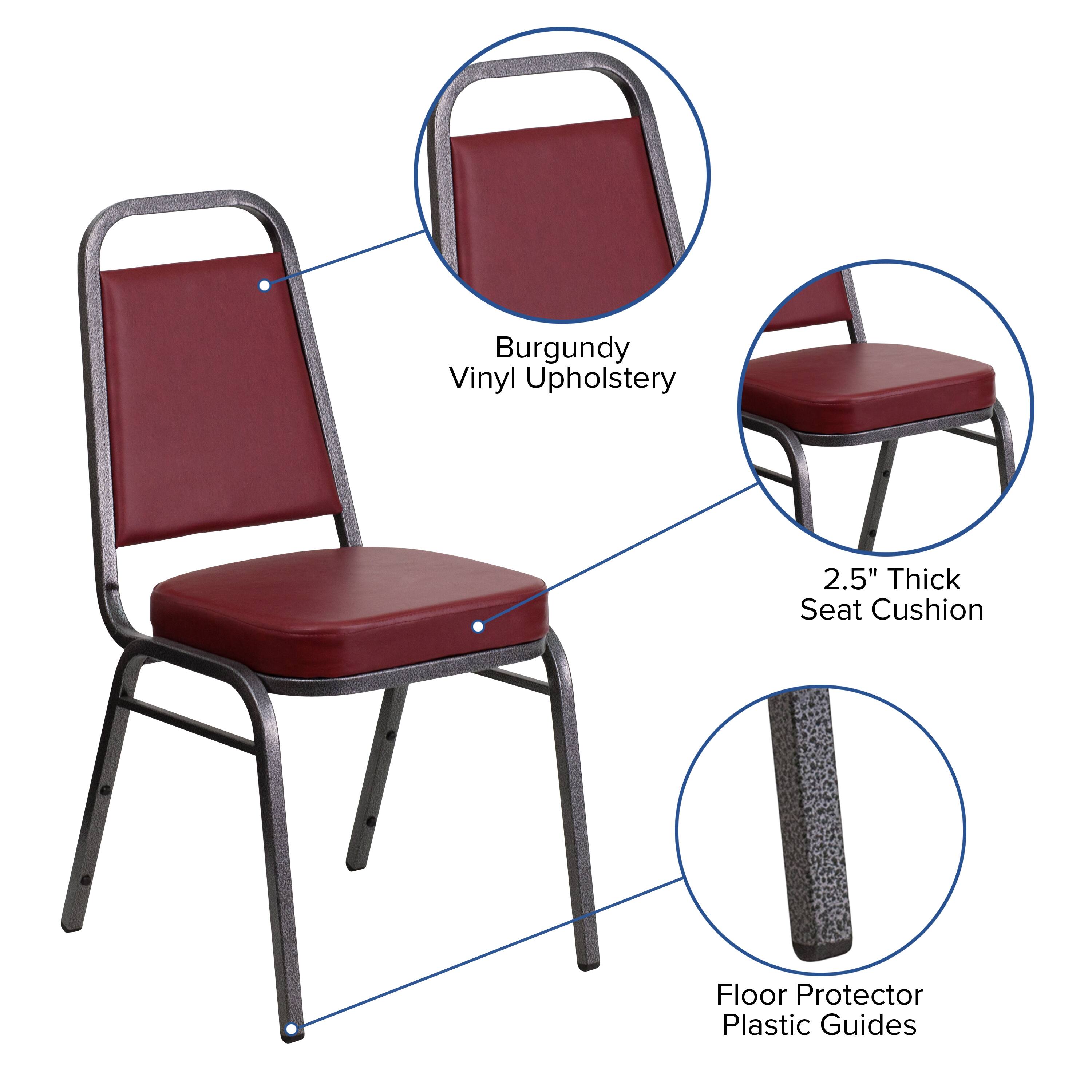 Burgundy Vinyl Upholstery  
2.5" Thick Seat Cushion  
Floor Protector Plastic Guides