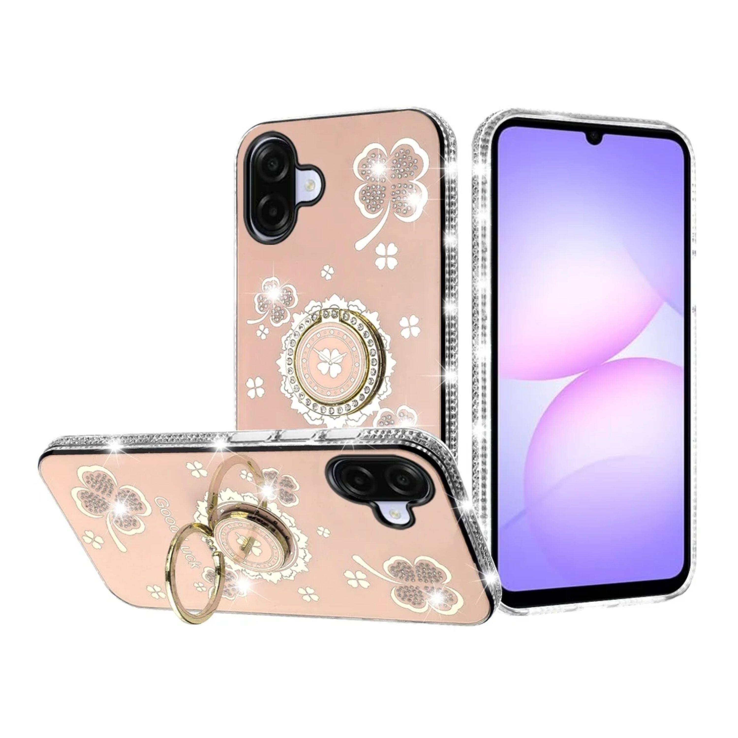 Angle. Kitcheniva - Crystal Studded Phone Case With Ring Stand Tempered Glass For Samsung Galaxy A07 Gold - Gold.