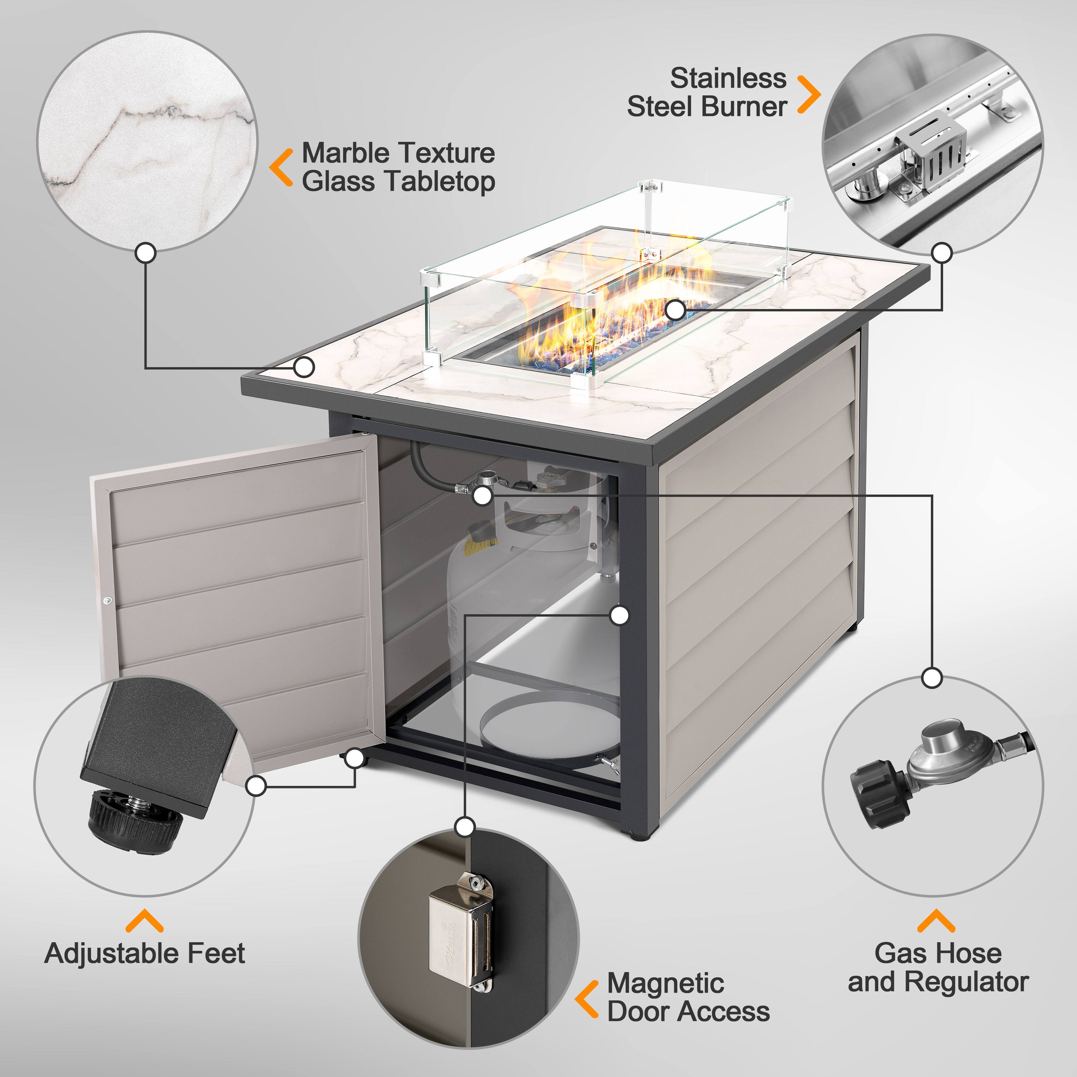 - Marble Texture Glass Tabletop
- Stainless Steel Burner
- Adjustable Feet
- Magnetic Door Access
- Gas Hose and Regulator