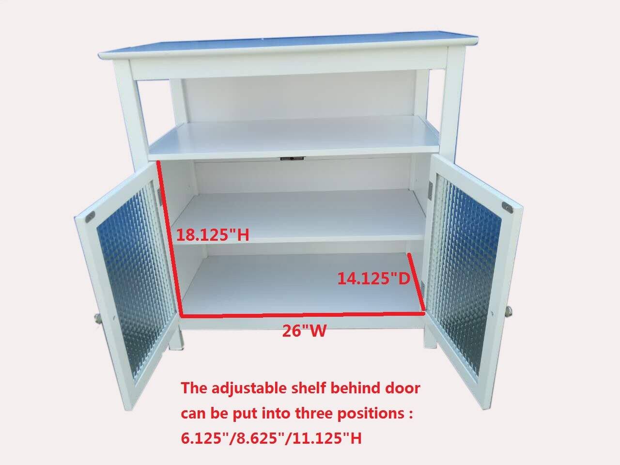 18.125"H 14.125"D 26"W

The adjustable shelf behind door can be put into three positions: 6.125"/8.625"/11.125"H