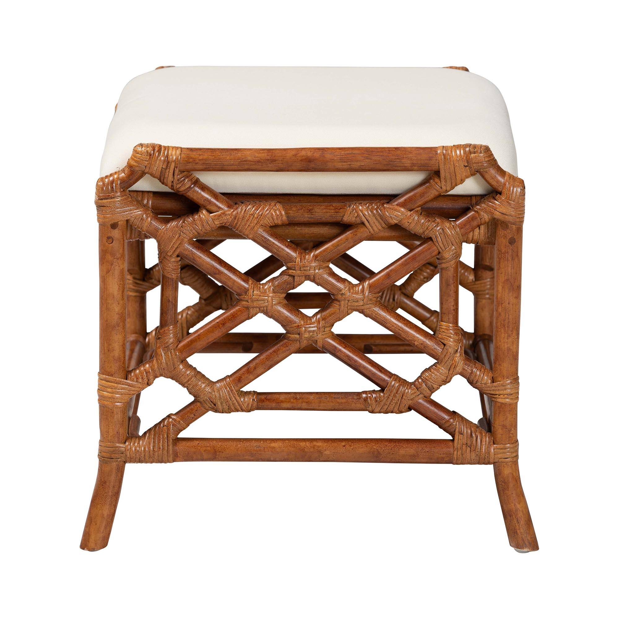 Left. bali & pari - Morley Marbled Tortoise Natural Rattan Ottoman - Handcrafted Accent Footstool with Decorative Frame, Coastal - Marbled Tortoise Brown/White.