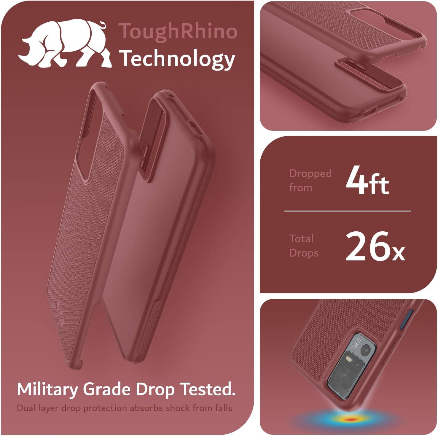 ToughRhino Technology

Dropped from 4ft  
Total Drops 26x

Military Grade Drop Tested.  
Dual layer drop protection absorbs shock from falls