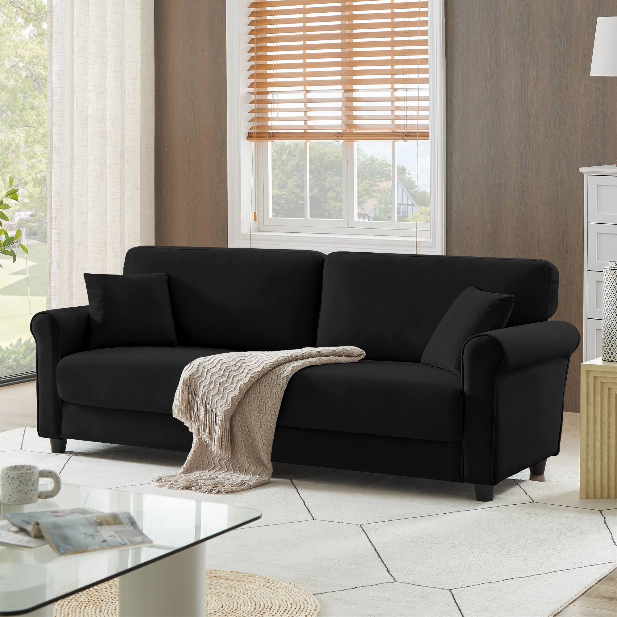 Angle. Electra Tech Xpress - FREEHOMAE-Modren 82.48'' Velvet Fabric Couch, 3 Seater Sofa, Big Loveseat for Living Room - Black.