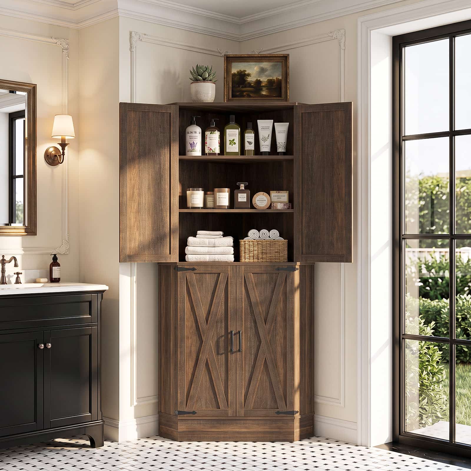 Alt View 1. Aheaplus - 70'' Tall Farmhouse Corner Pantry Storage Cabinet, Storage Cupboard with Drawer and 3 Adjustable Shelves - Weathered Brown.