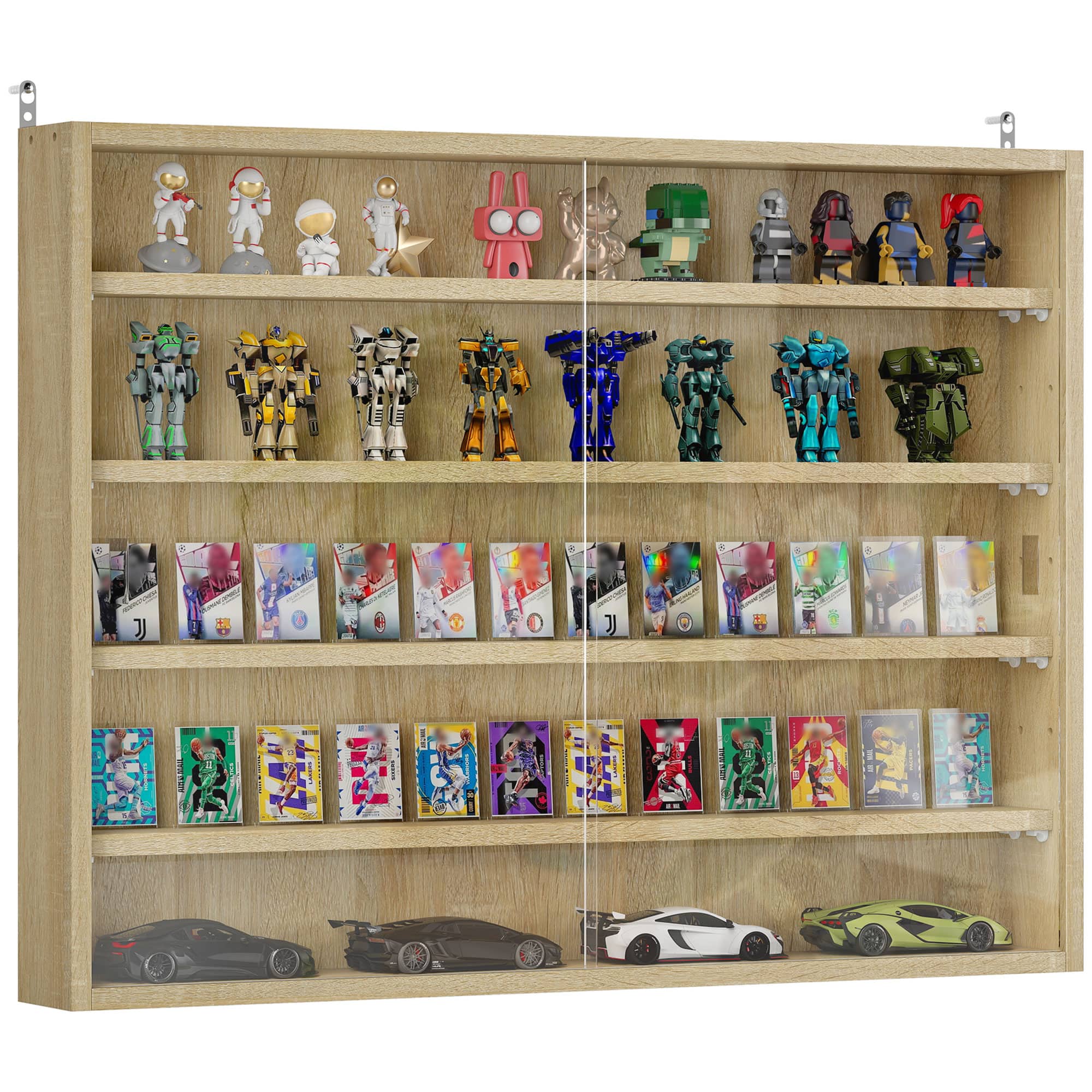 Homcom - 5-Tier Display Cabinet, Glass Door Cabinet with Adjustable Shelves, Wall-Mounted Display Case for Playroom, Bedroom - Oak