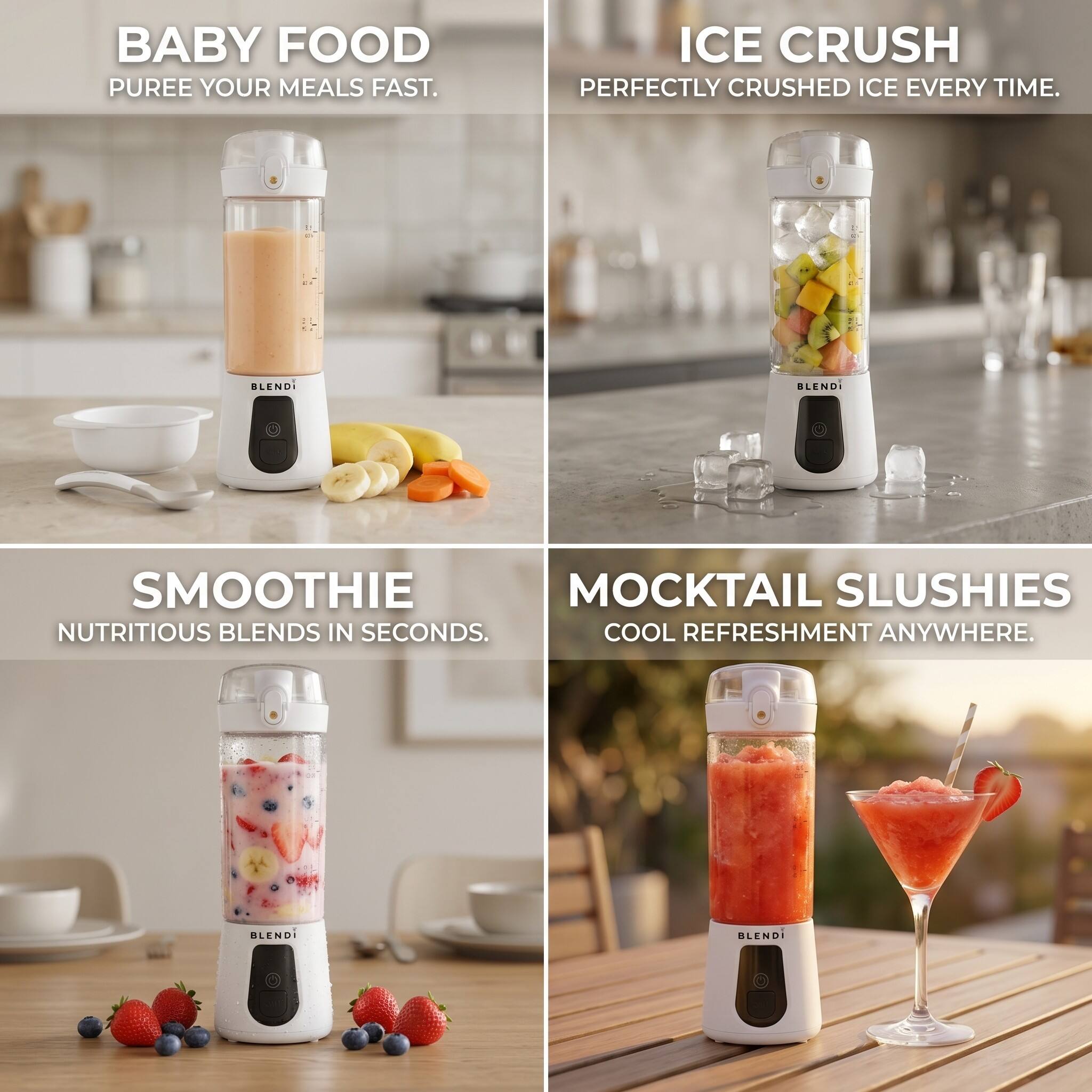 BABY FOOD  
PUREE YOUR MEALS FAST.

ICE CRUSH  
PERFECTLY CRUSHED ICE EVERY TIME.

BLENDI

SMOOTHIE  
NUTRITIOUS BLENDS IN SECONDS.

MOCKTAIL SLUSHIES  
COOL REFRESHMENT ANYWHERE.

BLENDI