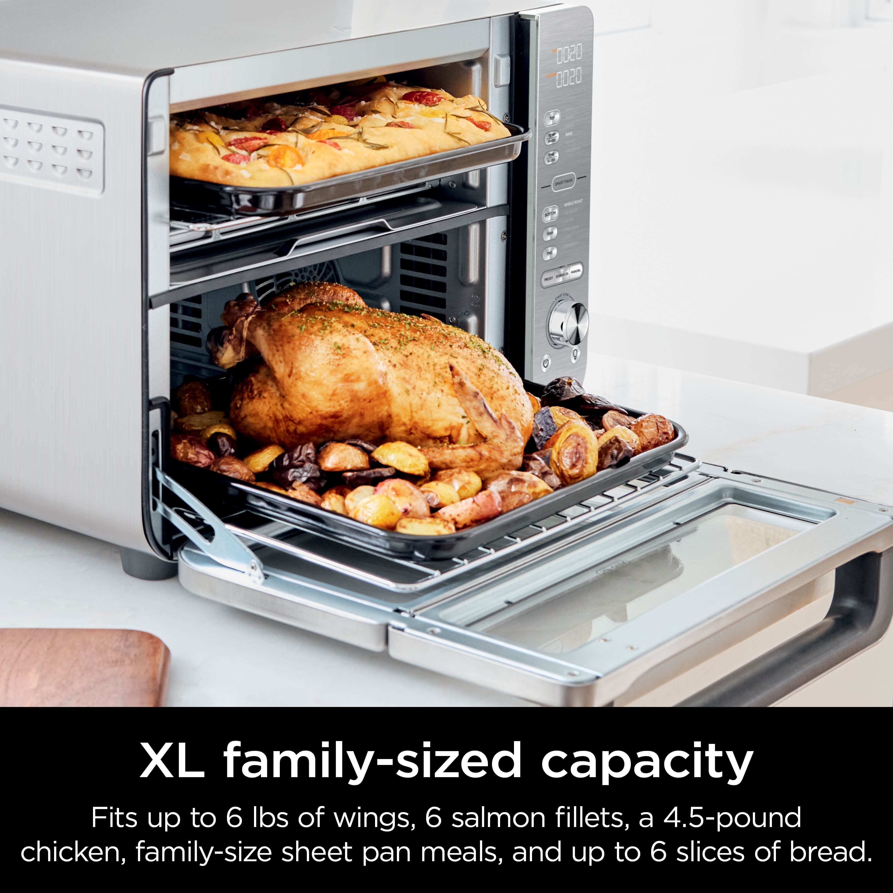 The text on the image reads: "XL family-sized capacity Fits up to 6 lbs of wings, 6 salmon fillets, a 4.5-pound chicken, family-size sheet pan meals, and up to 6 slices of bread."
