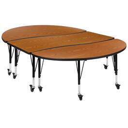 Flash Furniture - Emmy 3 Piece Mobile 86" Oval Wave Flexible Oak Thermal Laminate Activity Table Set - Height Adjustable Short Legs - Brown