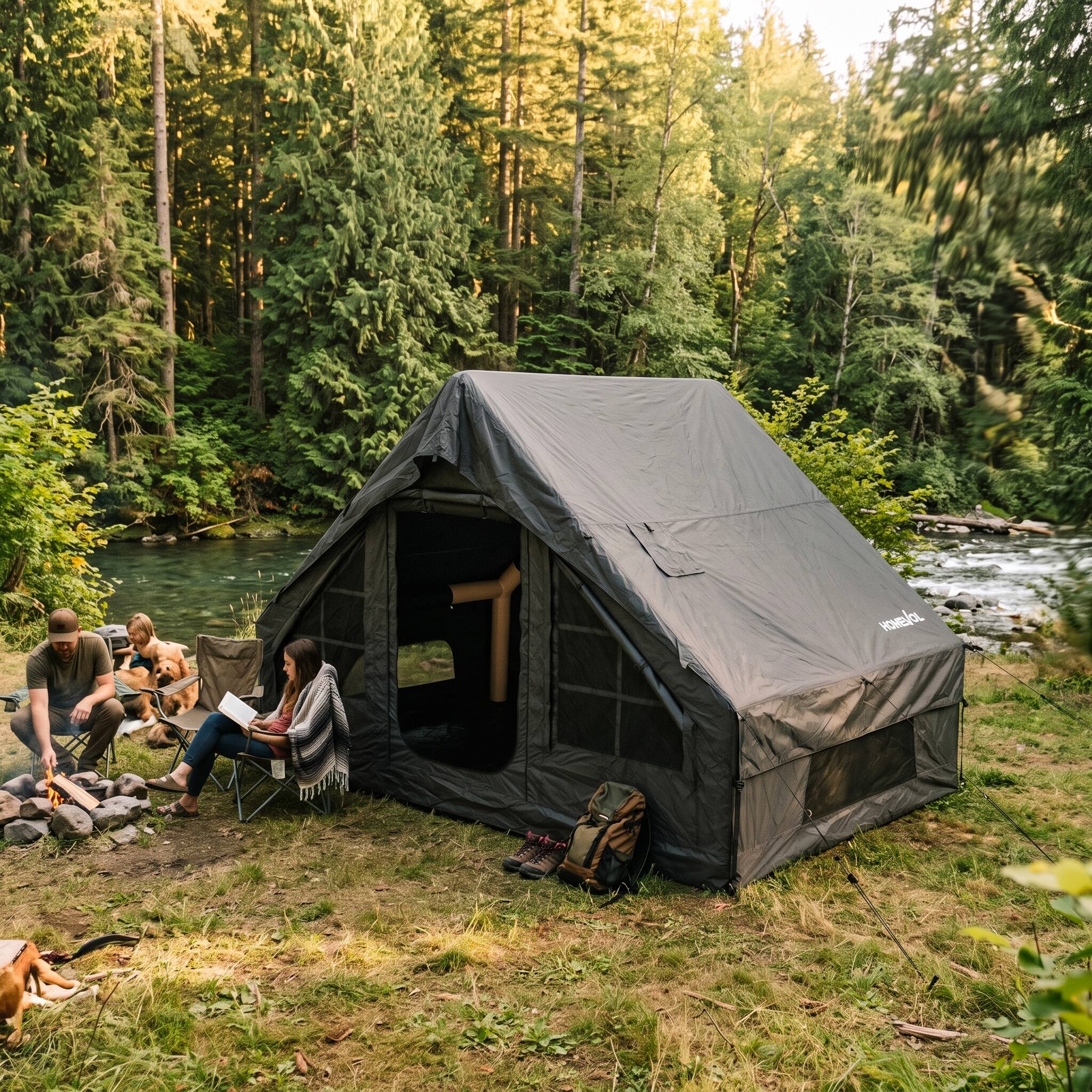 Angle. Homevol - Inflatable Camping for 4-6 Person Tent with Pump & 18 Stakes, 10-Min Setup Waterproof Oxford Glamping Tent with Skylight - Black.