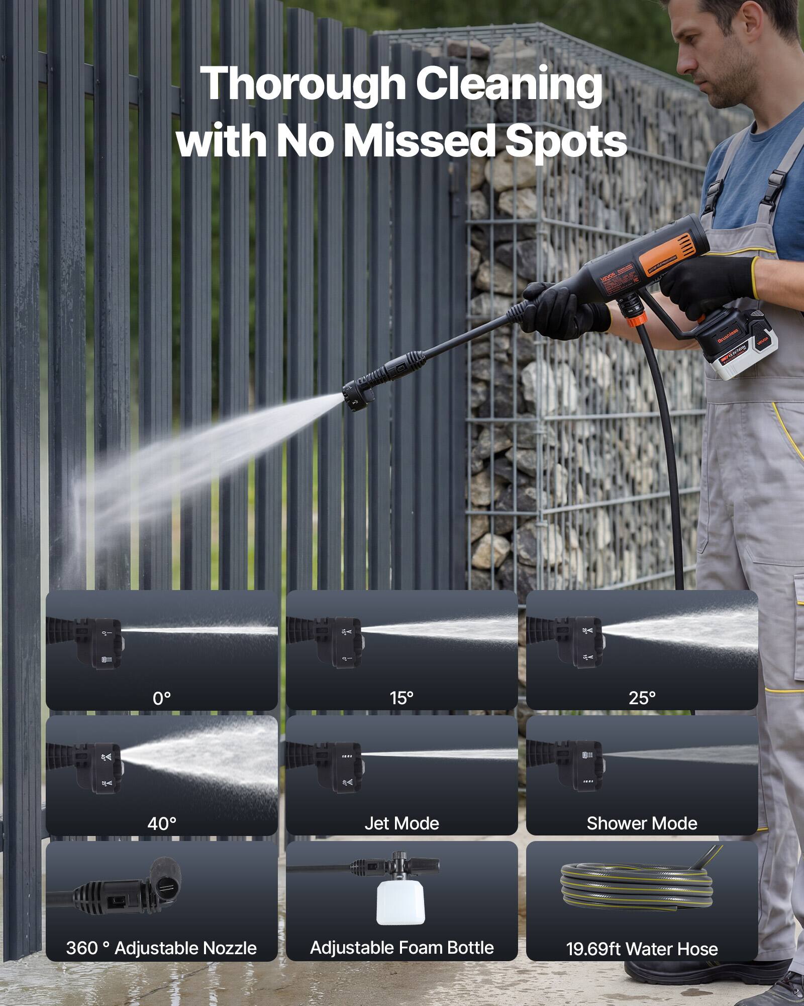 Thorough Cleaning with No Missed Spots

- 0°
- 15°
- 25°
- 40°
- Jet Mode
- Shower Mode
- 360° Adjustable Nozzle
- Adjustable Foam Bottle
- 19.69ft Water Hose