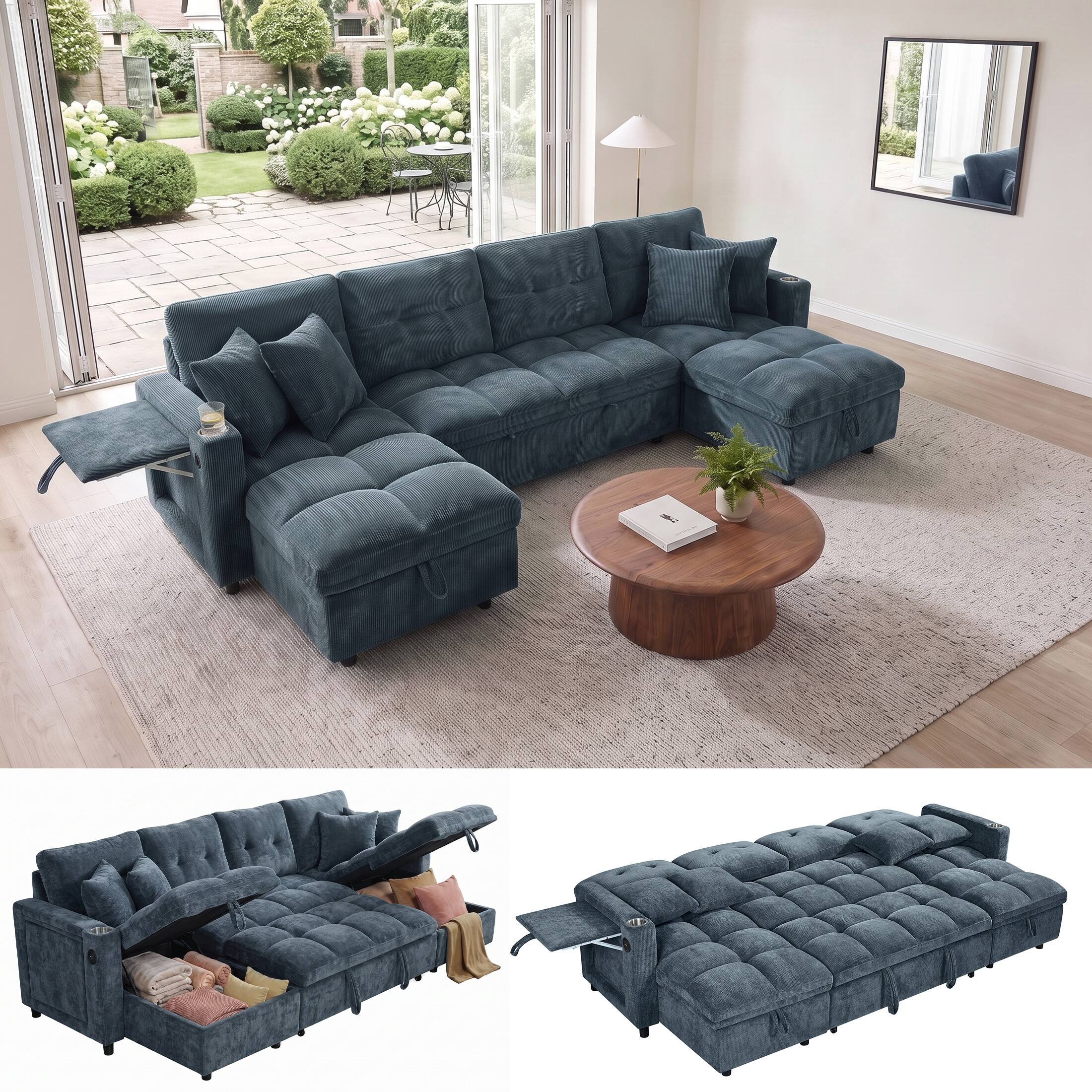Anysun - U-Shaped Oversized Sleeper Sofa, Sectional Sleeper with Double Storage Chaise for Living Room – Chenille Fabric Couch - Blue