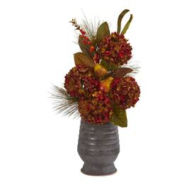 BreeBe - 26" Hydrangea Pear and Magnolia Arrangement in Metal Vase - Green