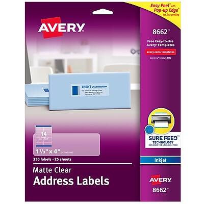 Easy Peel with Pop-up Edge for fast peeling  
AVERY 8662  
Free Easy-to-Use Avery Templates  
avery.com/templates  
TRENT Distribution  
14 SURE FEED TECHNOLOGY  
1 1/3" x 4"  
350 labels - 25 sheets  
Matte Clear Address Labels  
Inkjet  
AVERY 8662