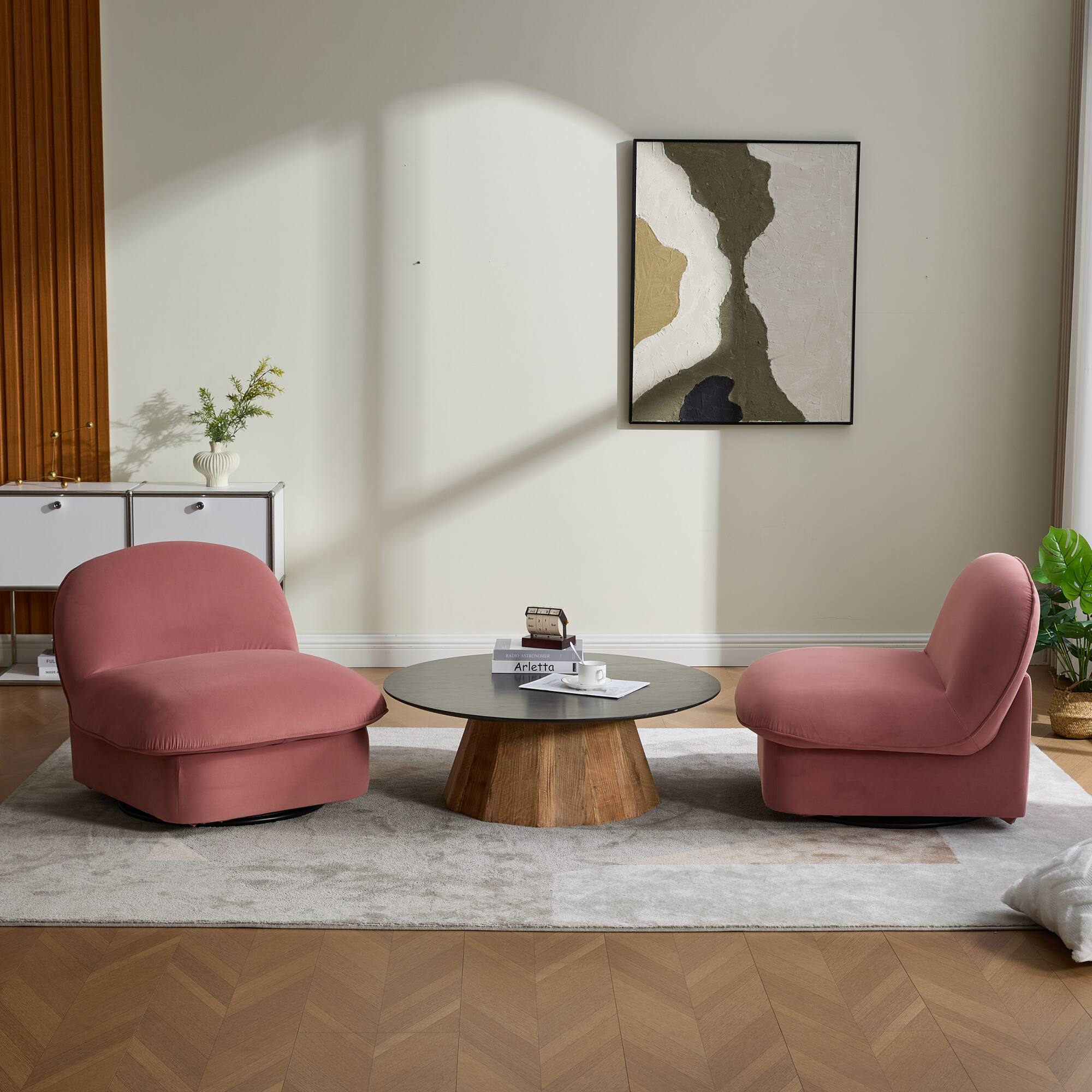 Alt View 8. GOODSILO - Pumpkin-Shaped Velvet Swivel Accent Chair with 360-Degree Rotation for Living Room, Bedroom, or Office - Coral.