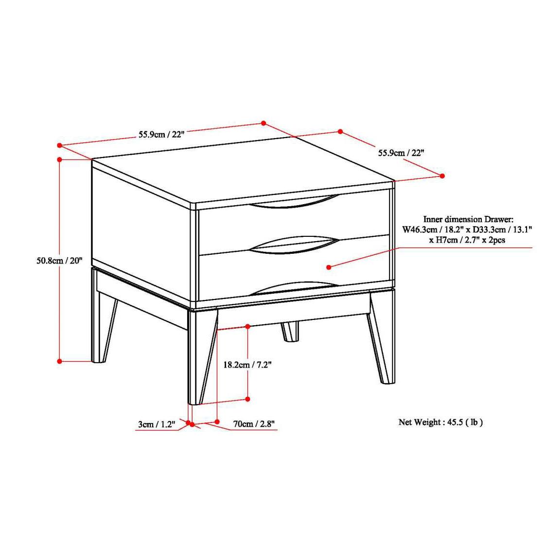 The image shows a white dresser with a red line going through the middle. The dresser has a drawer and is accompanied by a diagram that shows the dimensions of the dresser, including the height, width, and depth. The diagram also includes a weight measurement for the dresser.