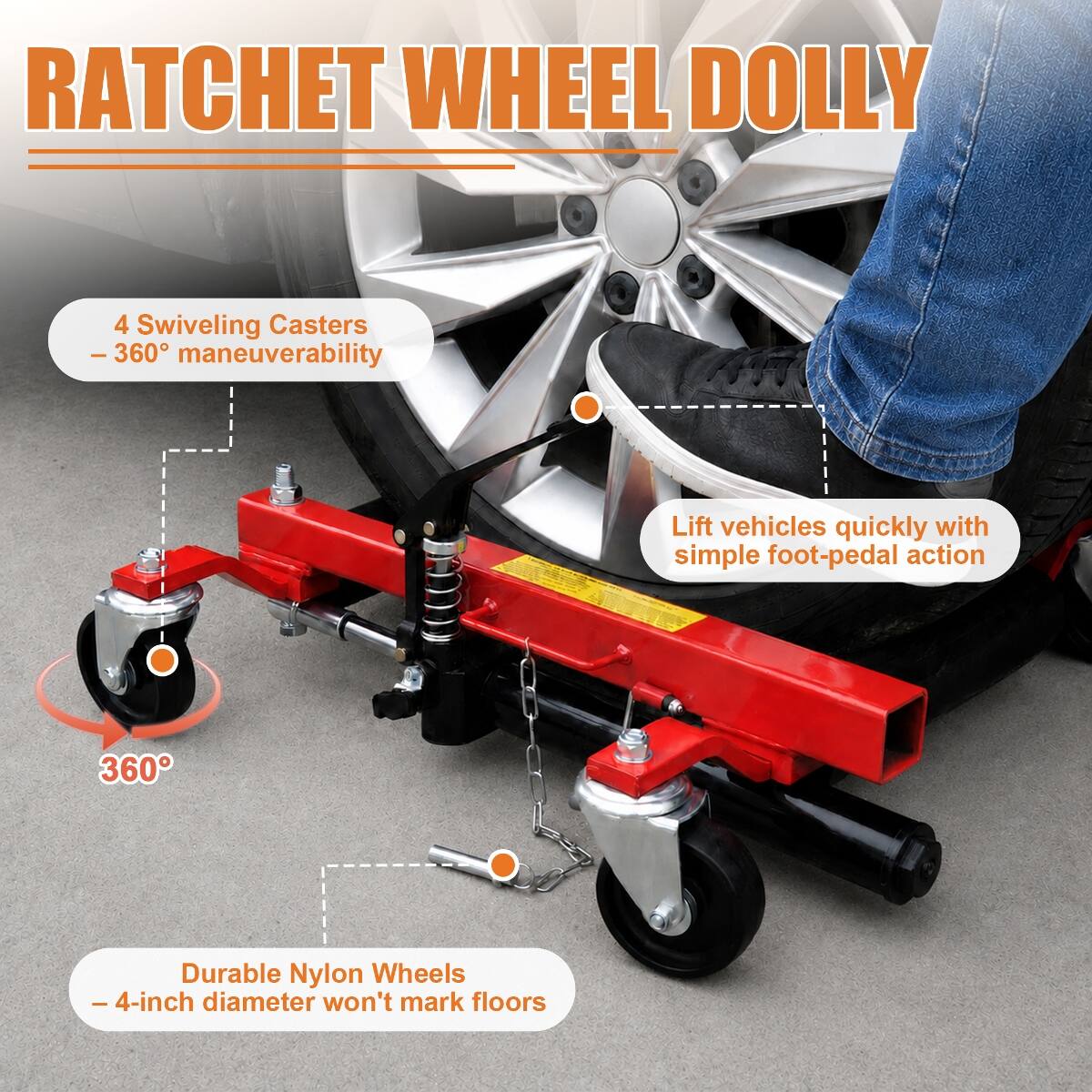 Ropilly Car Wheel Dolly with Ratcheting Foot Pedal, 1500 lb Vehicle ...