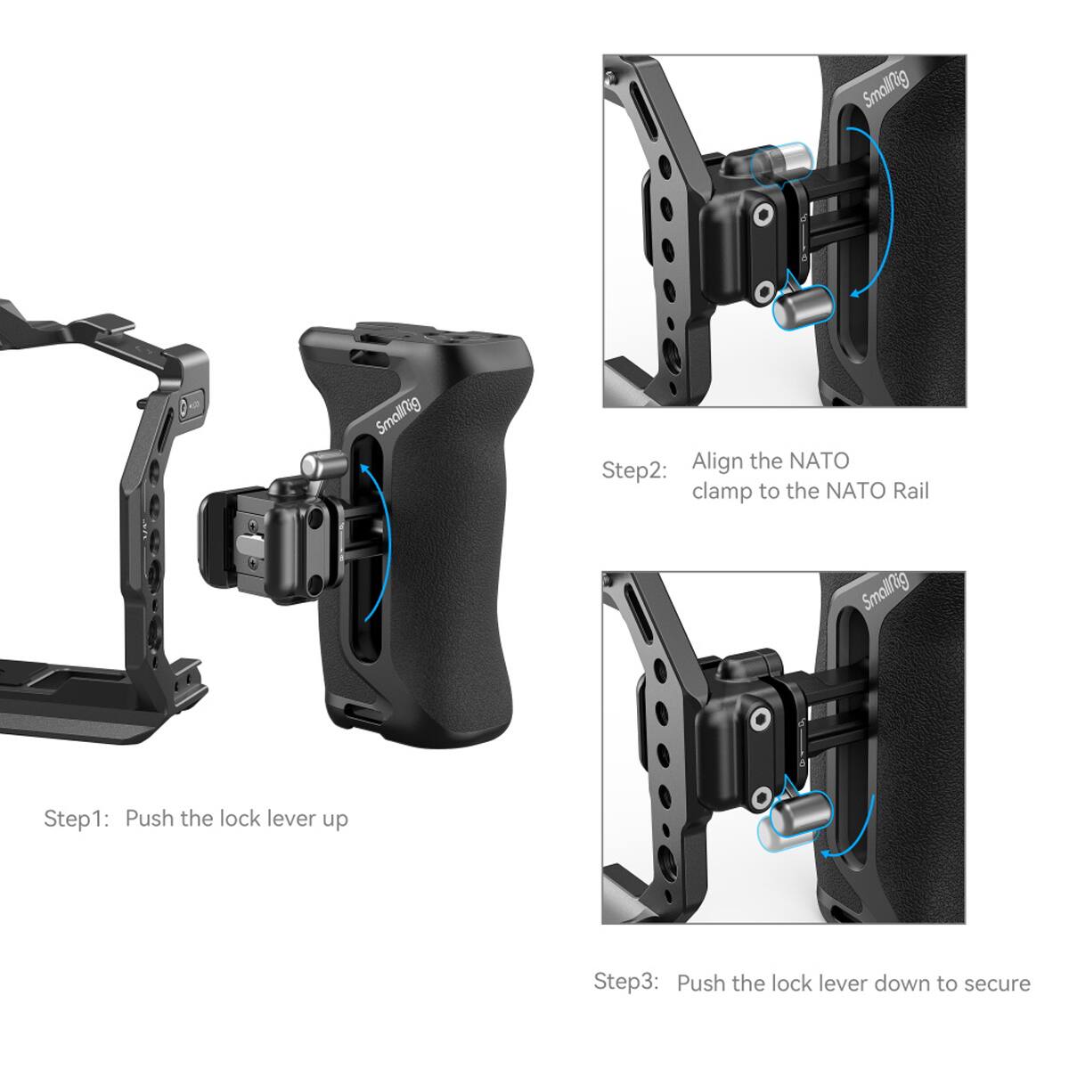 Smallrig

Step 1: Push the lock lever up

Step 2: Align the NATO clamp to the NATO Rail

Step 3: Push the lock lever down to secure