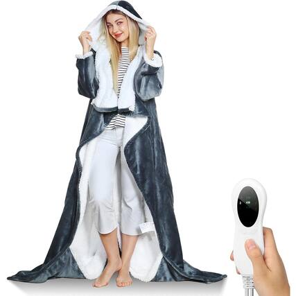 Front. MOSZAR LLC - Wearable Electric Blanket with Hood & Sleeves, 10 Heat Levels, Flannel Sherpa - Darkgrey.