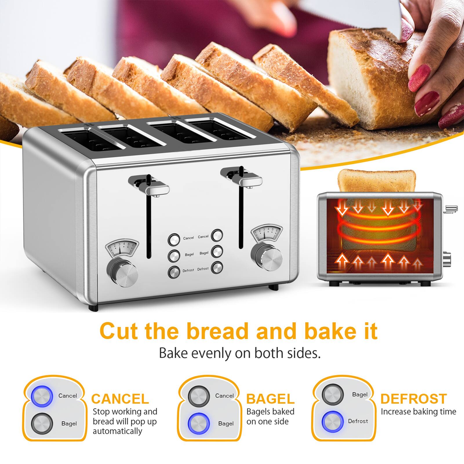 - Cut the bread and bake it. Bake evenly on both sides.
- CANCEL: Stop working and bread will pop up automatically.
- BAGEL: Bagels baked on one side.
- DEFROST: Increase baking time.