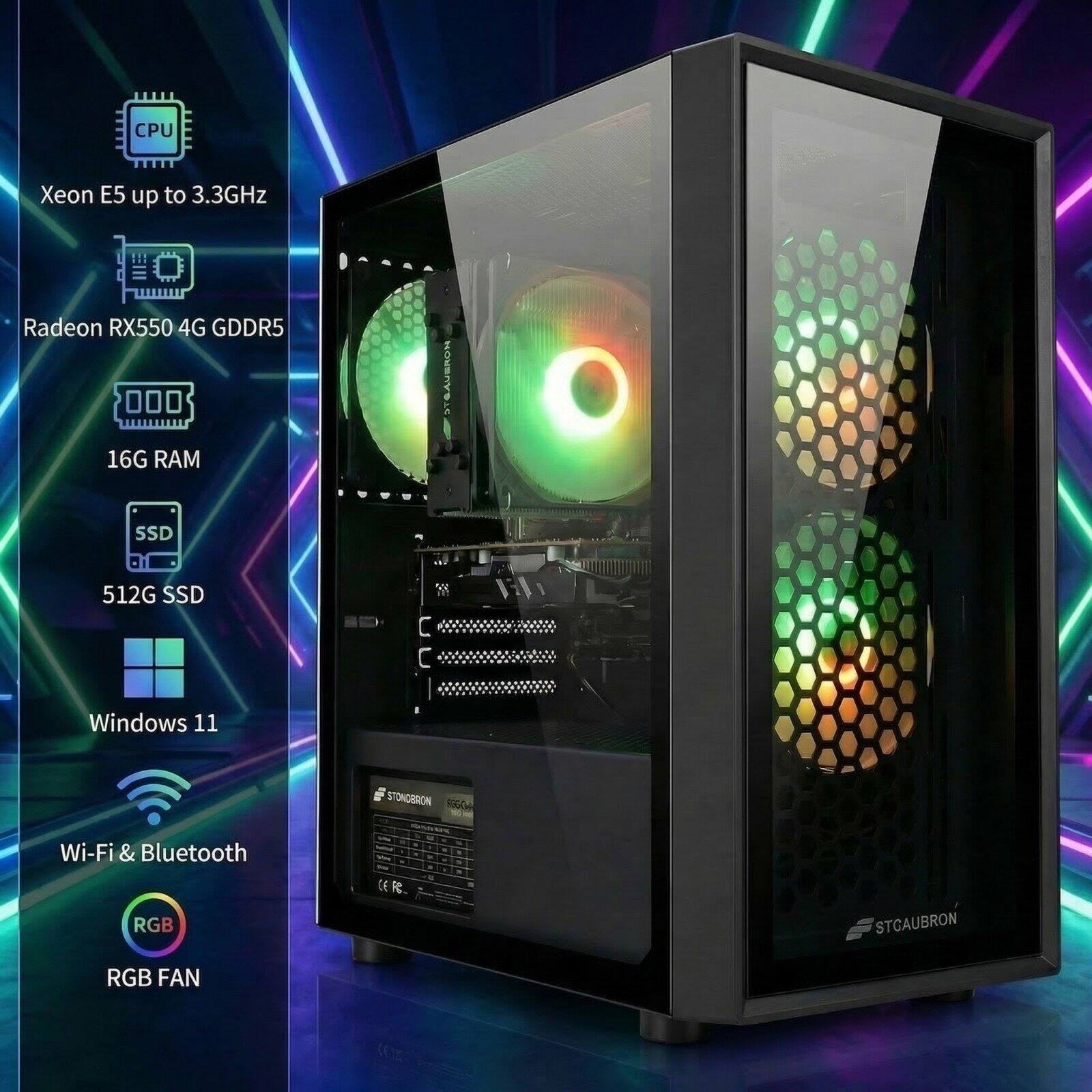 CPU Xeon E5 up to 3.3GHz  
Radeon RX550 4G GDDR5  
16G RAM  
512G SSD  
Windows 11  
Wi-Fi & Bluetooth  
RGB FAN