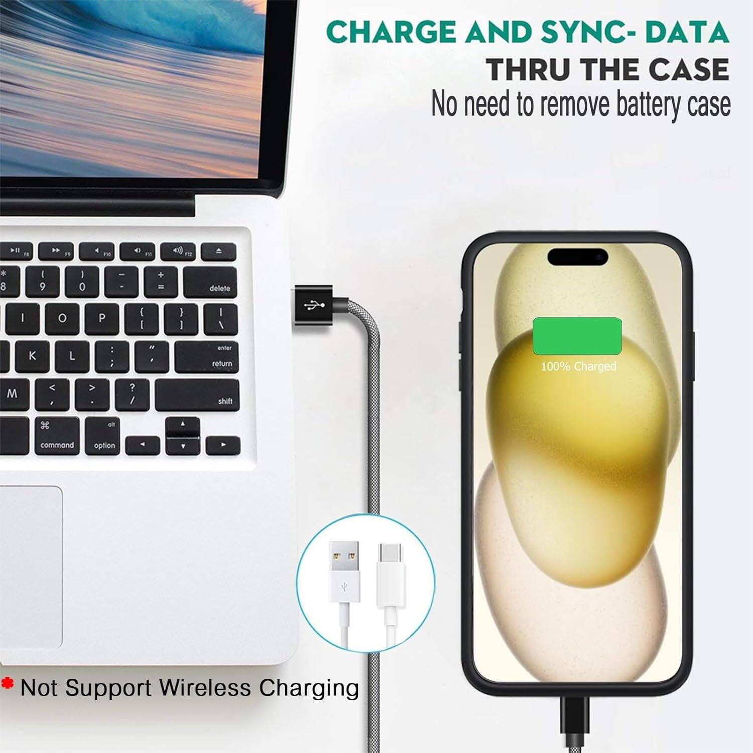 CHARGE AND SYNC- DATA THRU THE CASE
No need to remove battery case
100% Charged
Not Support Wireless Charging