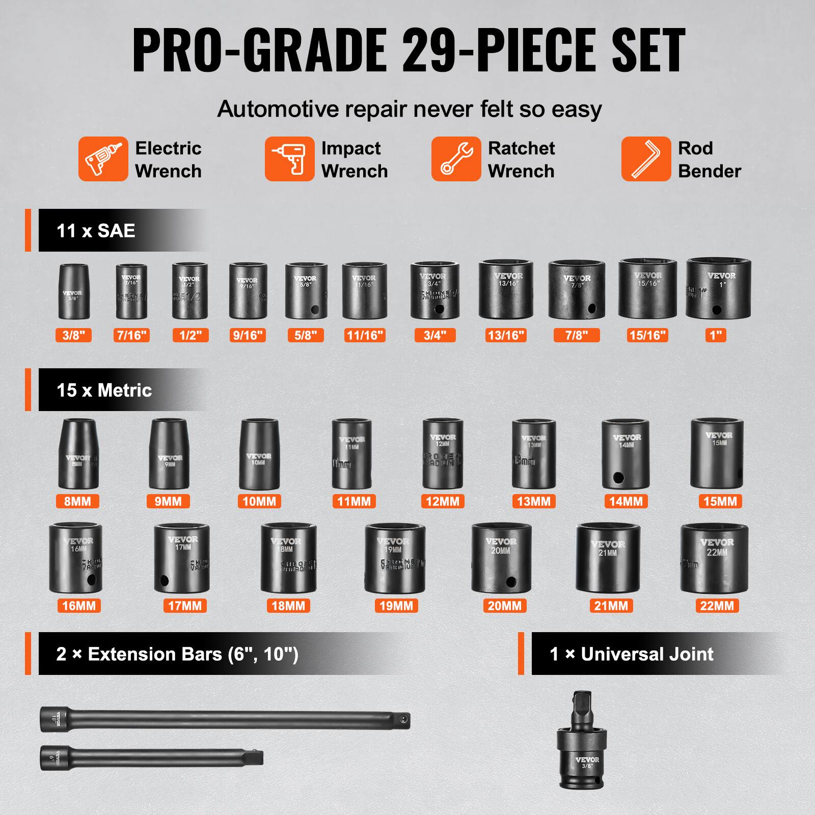 PRO-GRADE 29-PIECE SET Automotive repair never felt so easy Electric Wrench Impact Wrench Ratchet Wrench Bender 11 x SAE 15 x Metric 2 x Extension Bars (6", 10") 1 x Universal Joint VEVOR 3/8" 7/16" 1/2" 9/16" 5/8" 11/16" 3/4" 13/16" 7/8" 15/16" 1" 8MM 9MM 10MM 11MM 12MM 13MM 14MM 15MM 16MM 17MM 18MM 19MM 20MM 21MM 22MM