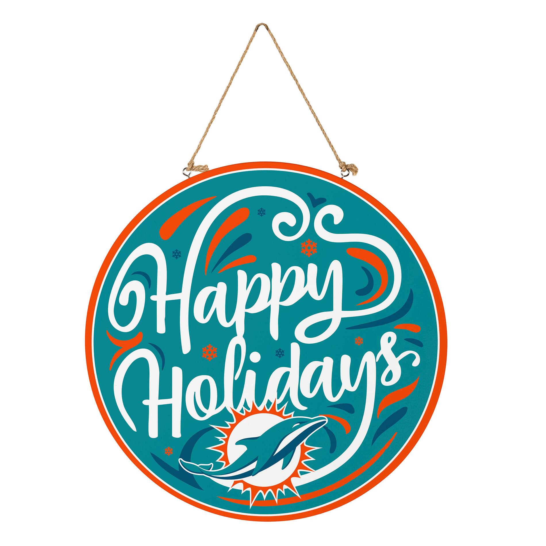 Alt View 2. Evergreen Enterprises - Miami Dolphins 18" Happy Holidays Wooden Round Door Sign - Multicolor.