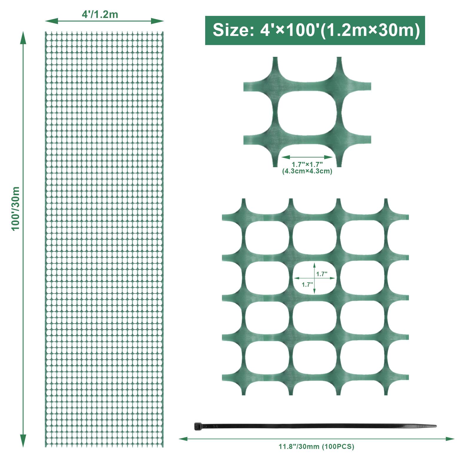 4' x 1.2m  
Size: 4' x 100' (1.2m x 30m)  
1.7" x 1.7" (4.3cm x 4.3cm)  
11.8" / 30mm (100PCS)