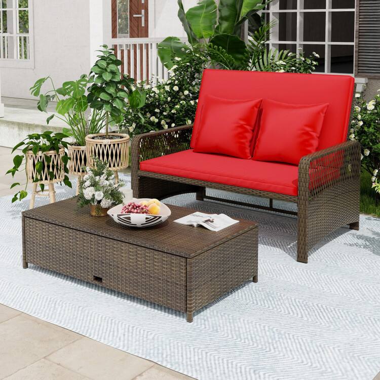 Left. SlickBlue - Outdoor Wicker Daybed with Adjustable 4-Level Backrest and Soft Cushions - Red.