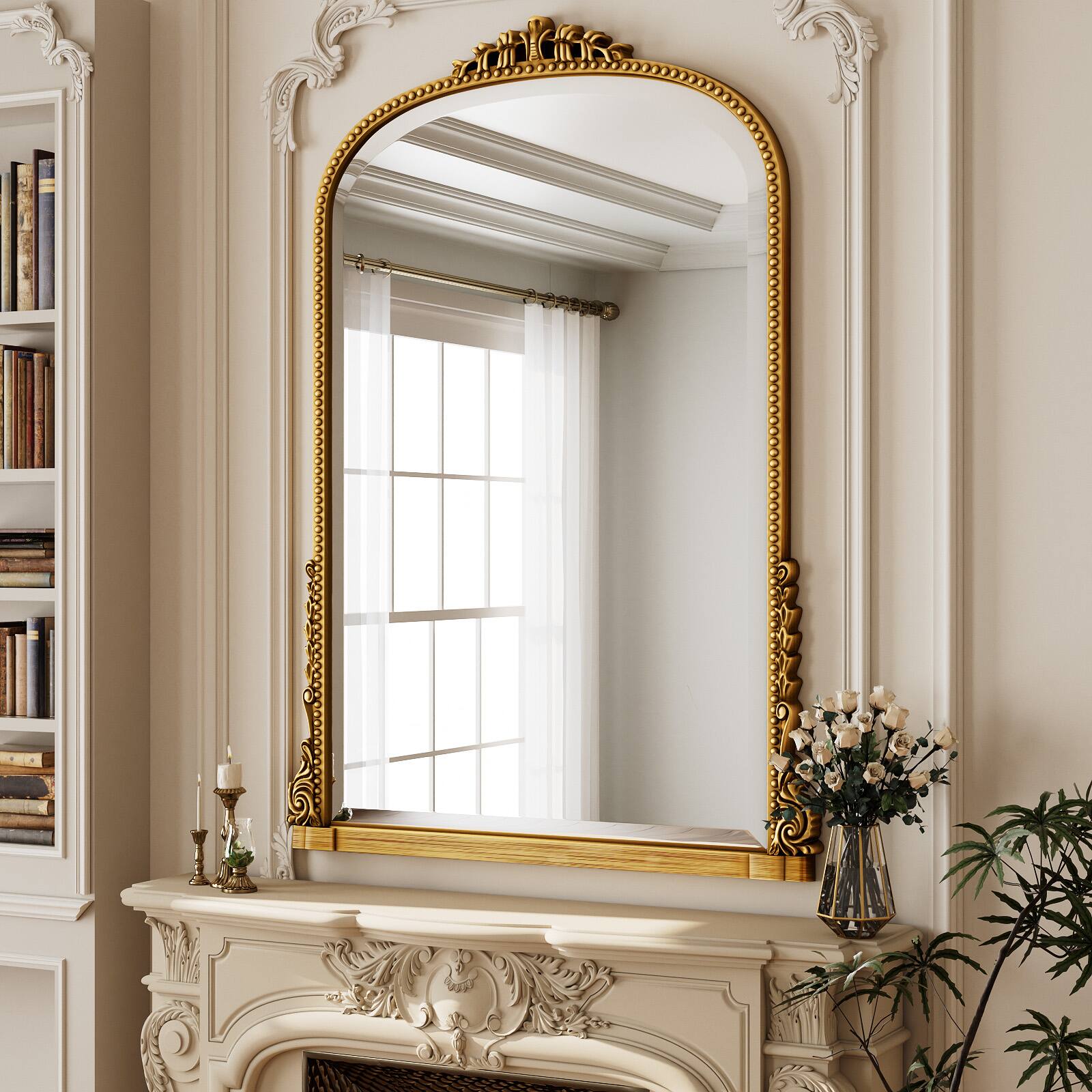 Angle. Easly - Antique Gold 28 in. W x 40 in. H Carved Arched PU Frame Vanity Wall Mirror - Gold.